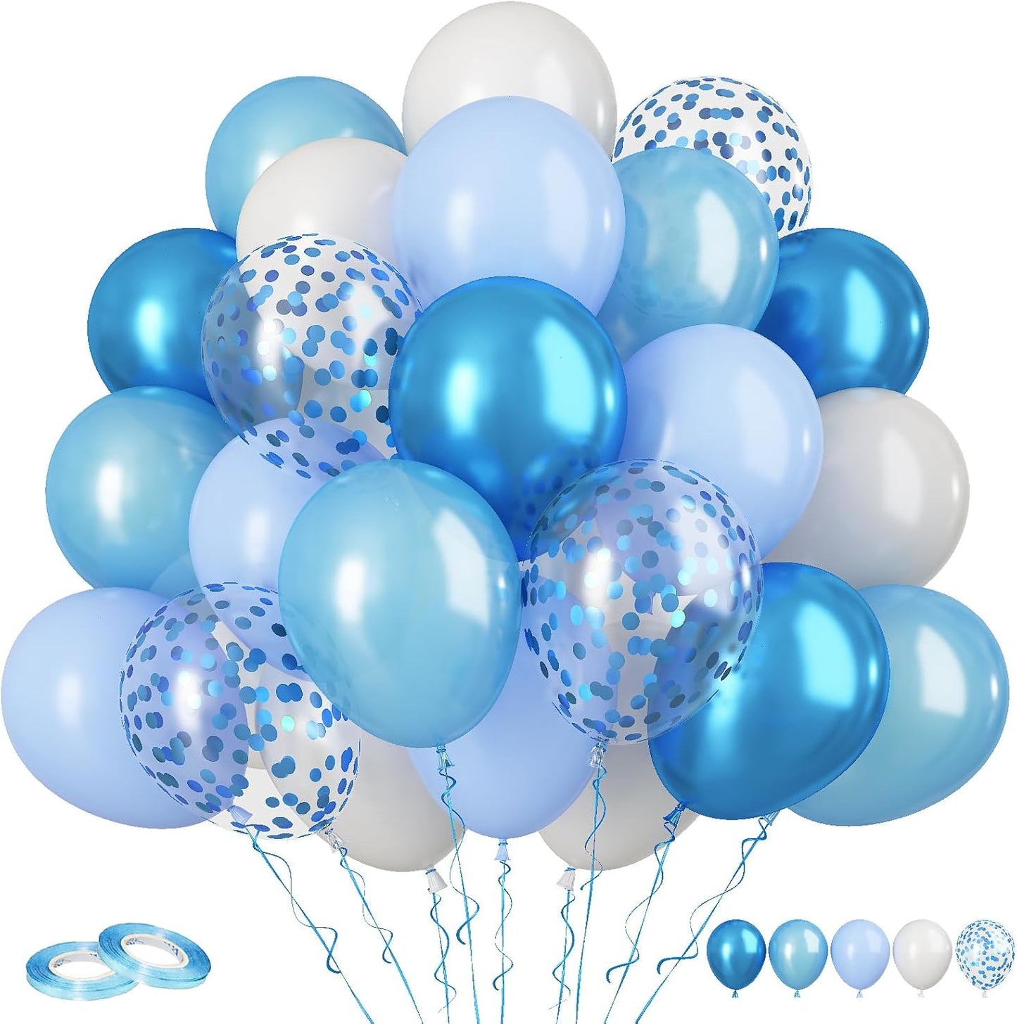 60pcs Blue & White Balloons - 12in Metallic Blue Pearl Confetti Latex - Boys Birthday, Baby Shower, Wedding Decorations