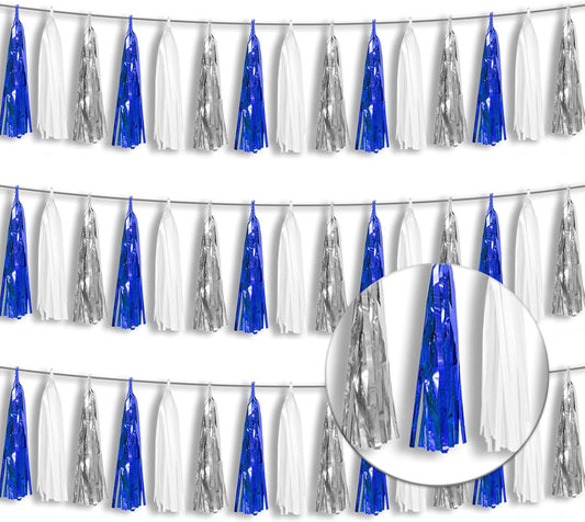 3P Metallic Fringe Tassel Banner Garland Foil Tinsel Streamer Wall Hanging Curtain Backdrop Banner for Parade Floats, Graduation Decorations, Retirement Party Decorations(Navy Blue White Silver)