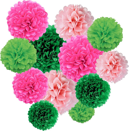 ZOOYOO Paper Tissue Pom Poms, 12 Pcs Green Pink Pompoms Party Hanging Tissue Flowers for Birthday Wedding Engagement,Party, Hawaiian Luau Tropical Party Decorations