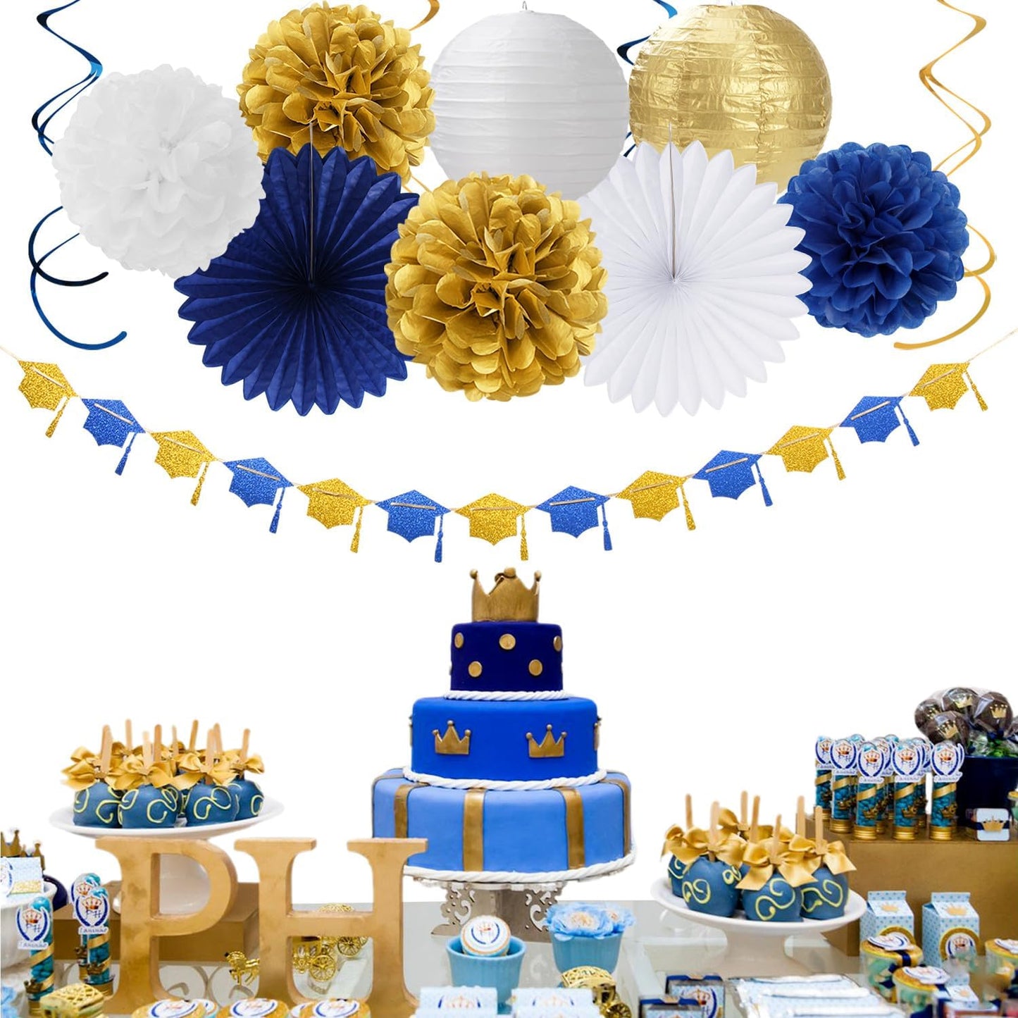 2025 Blue Class-Congratulations Prom Graduation Party-Decorations - 22pcs High School College Grad Supplies Decor, Royal Navy White Gold Tissue Pom Poms Streamers, Paper Flowers Lanterns Hugmoon