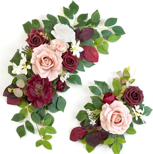 Wedding Decor (Pack of 2) Welcome Sign Flower Backdrop Garland for Ceremony Reception Wall Easel Home Decoration Entryway Faux Outdoor Board Head Table Decor (Burgundy & Dusty Rose)