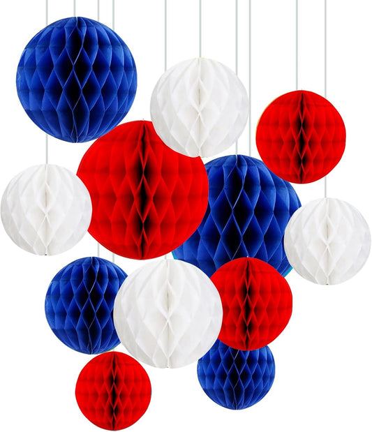 ZOOYOO 12Pcs 6" 10" Patriotic Honeycomb Balls Decorations Red White Blue Hanging Tissue Paper Pom Poms for 4th of July, Nautical Party, Graduation, Sports Theme & Home Decor