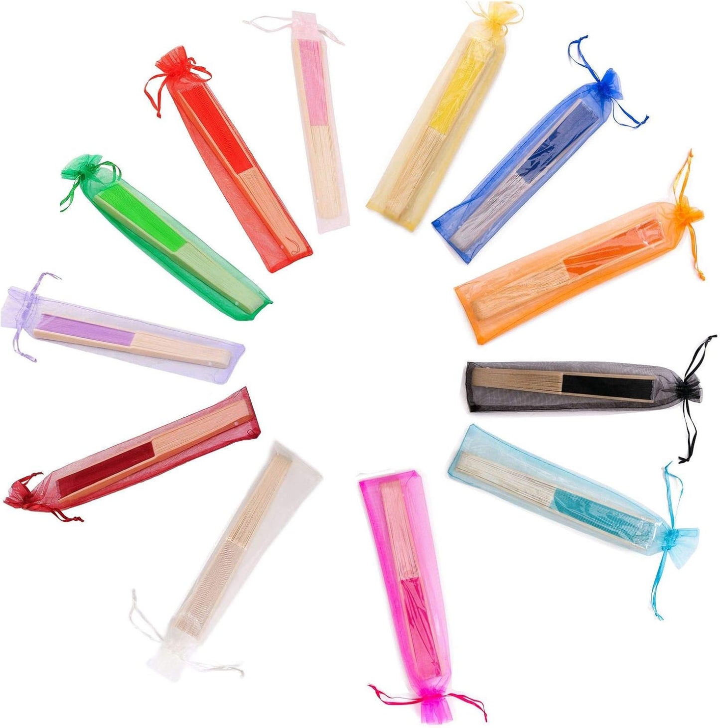 24pcs Imitated Silk Hand Fan Imitated Silk Fabric Bamboo Handheld Folded Fan Bridal Dancing Props Church Wedding Party Favors with Organza Bags (Mix Colour)