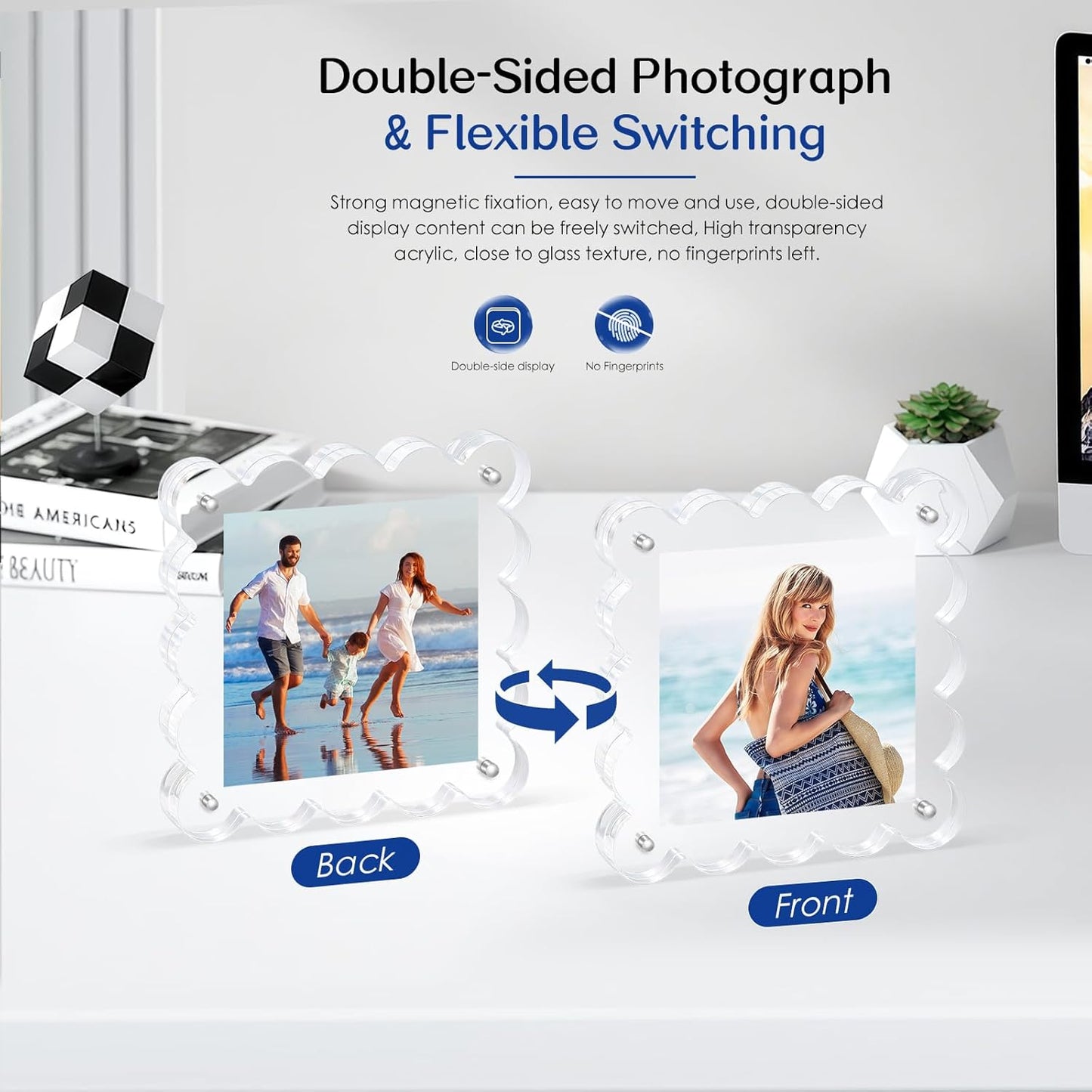 Acrylic Magnetic Picture Frames 4x4-6Pack Clear Freestanding Photo Frame.Double-Sided Scalloped Edges, 10+10mm Thick Block, for Modern Desktop Display &Perfect for Gifts (6 Pack, 4X4)