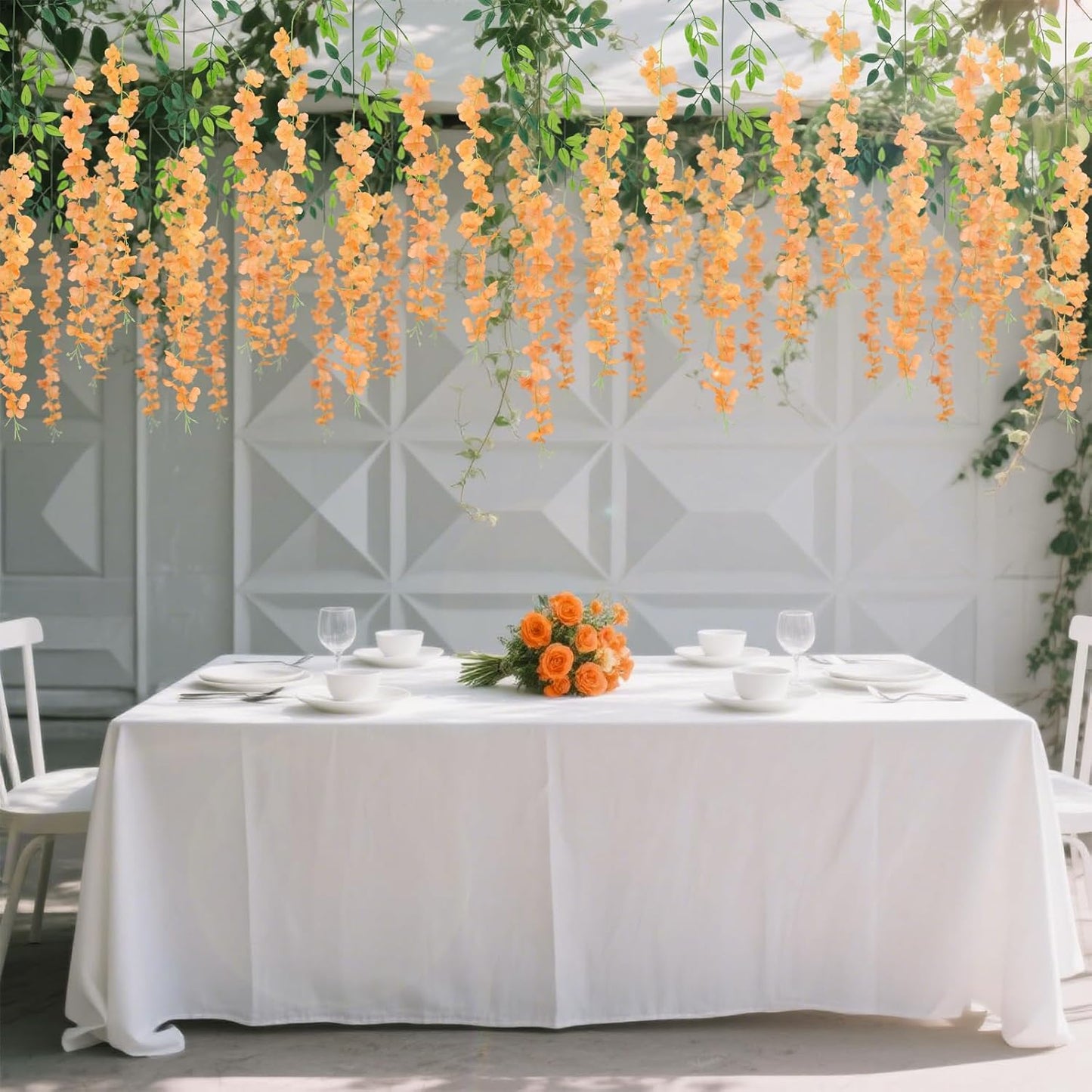 24 Pack Wisteria Hanging Artificial Fall Flowers Fake Flowers Ratta Hanging Garland Silk Flowers String for Home Garden Party Wedding Backdrop Arch Decor (Orange)