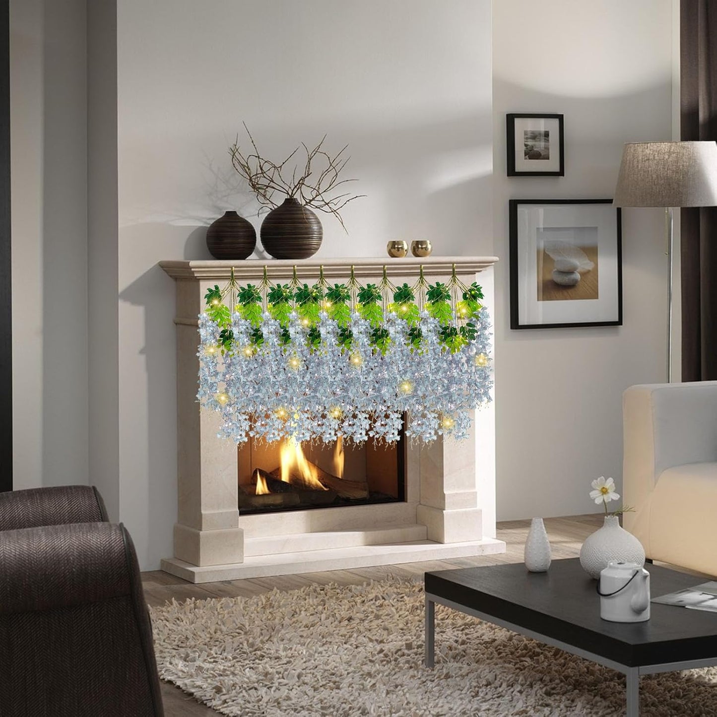 12 Pack Grey Wisteria Hanging Flowers Garland with Lights, 3.44 Feet Artificial Flower Vines, Fake Wisteria, Artificial Vines Hanging Garland for Backdrop Outdoor Patio Garden Decor