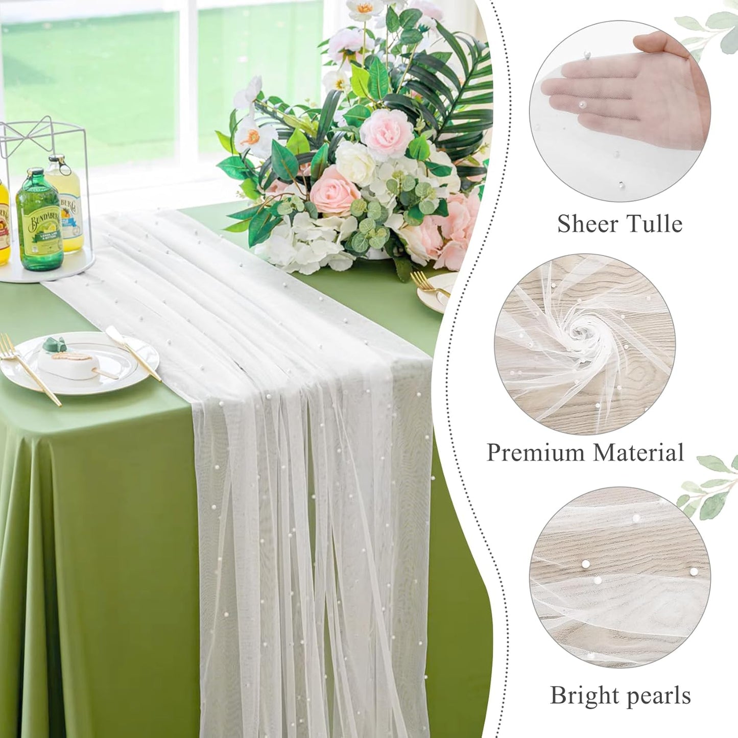 Pearl Table Runner 29 x 120 Inch Tulle Fabric Lace Table Runners Boho Rustic Tablecloth for Bridal Shower Birthday Party Wedding Arch Aisle Veil Dessert Table Decor(1 Pack, White)