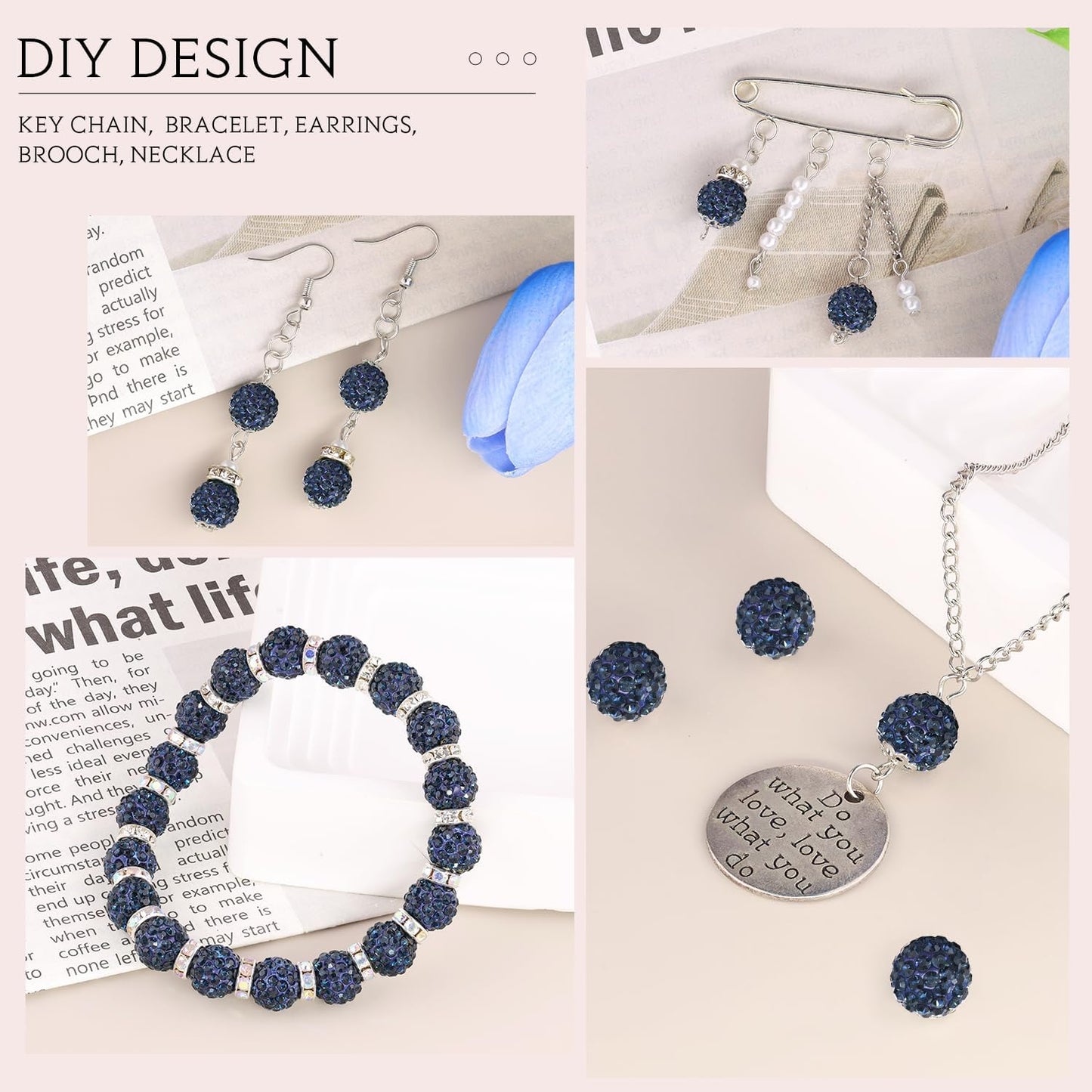 150pcs 10mm Rhinestone Beads for Jewelry Making, Blue Black Shiny Round Shamballa Disco Ball Beads Bulk, Sparkle Crystal Clay Christmas for Bracelet Baseball Necklace Earring Crafting and DIY