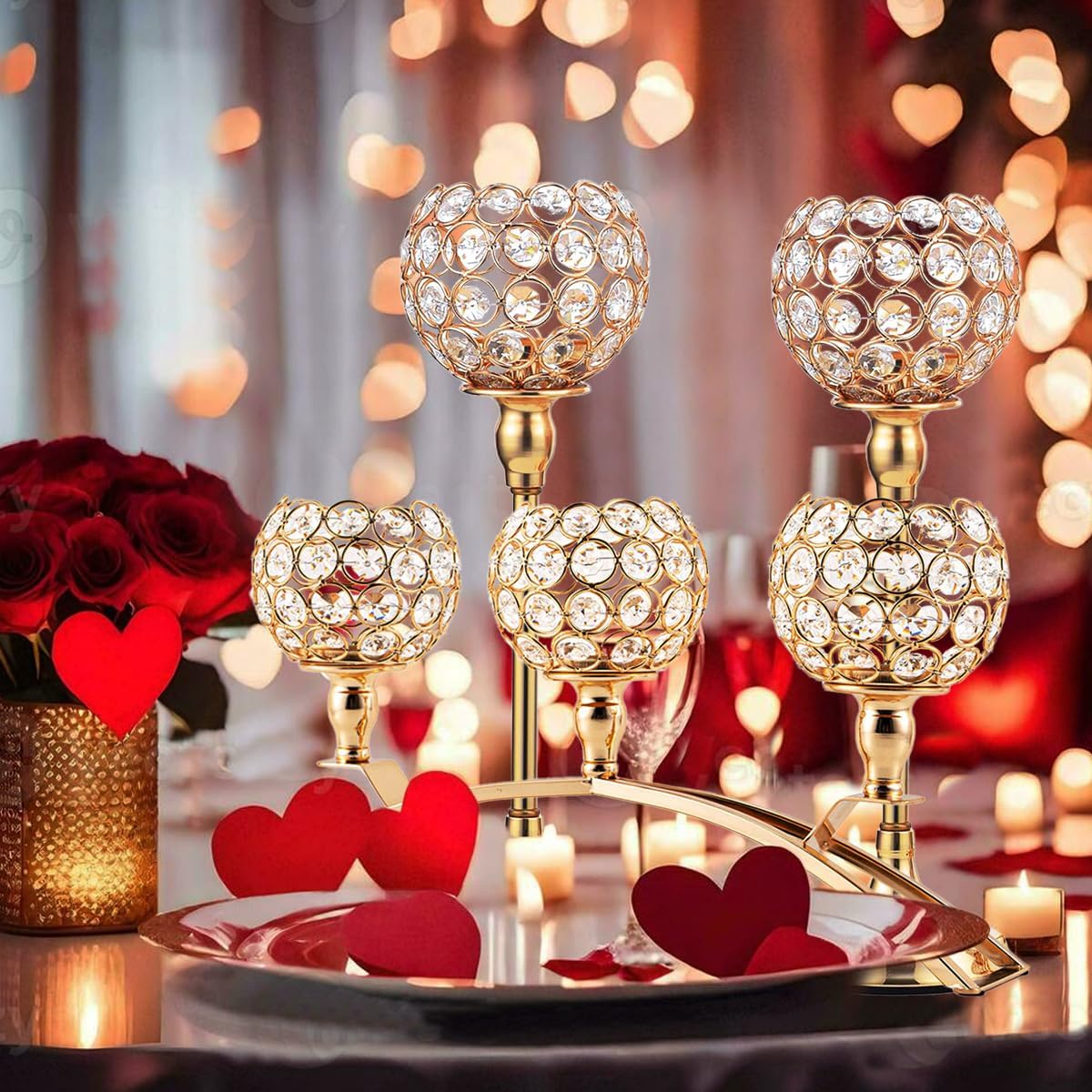 VINCIGANT Set of 3 Gold Candle Holders Wedding Table Centerpieces,Tealight Candlestick Candelabra Stand with 3 Arms for Fireplace Home Living Room Decor,Valentine's Day Housewarming