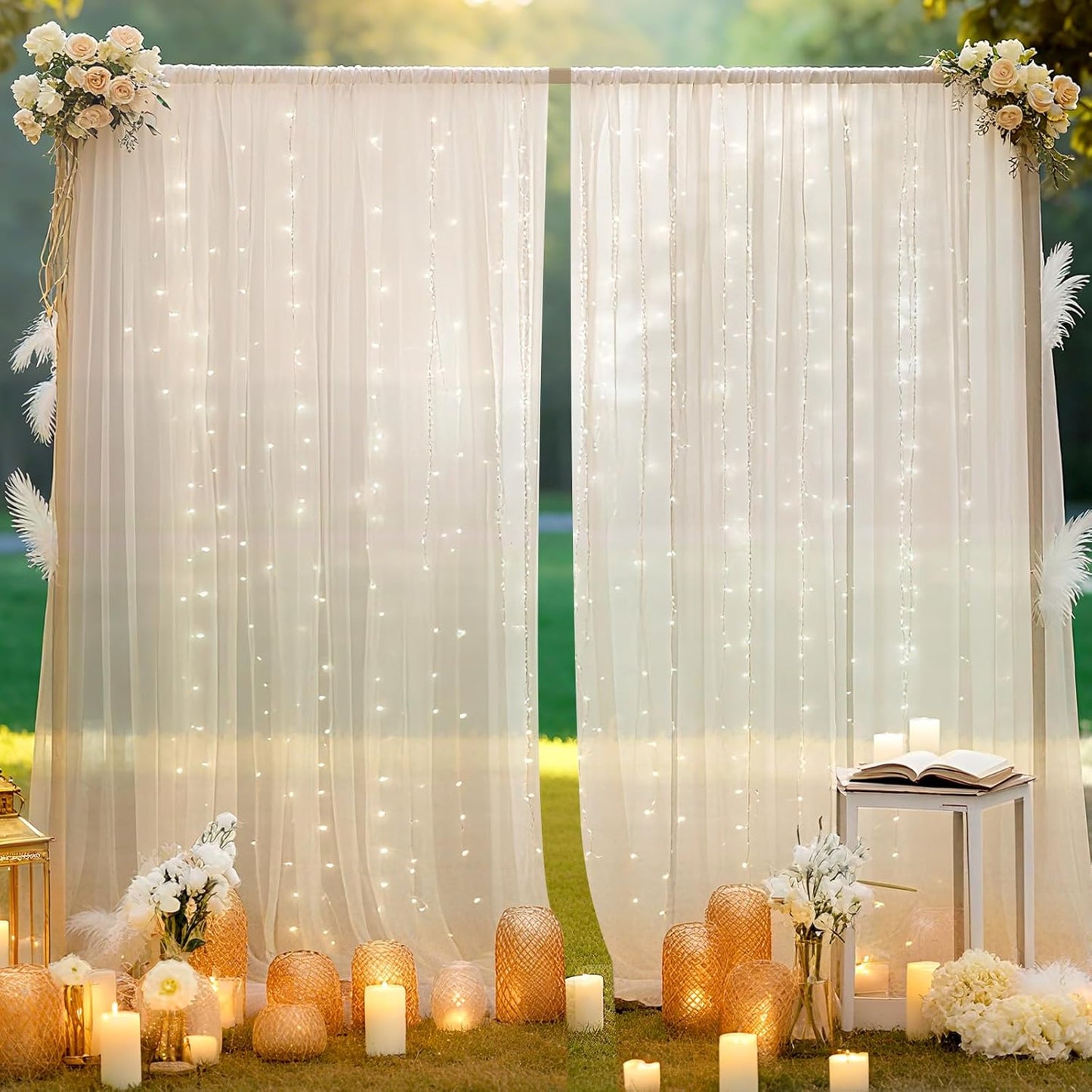 10×8ft Tulle Backdrop Curtains with Lights String - 300LED Fairy Lights Sheer Curtain Backdrop for Weddings Baby Shower and Birthday Party Decorations(4 Panels 5×8ft)