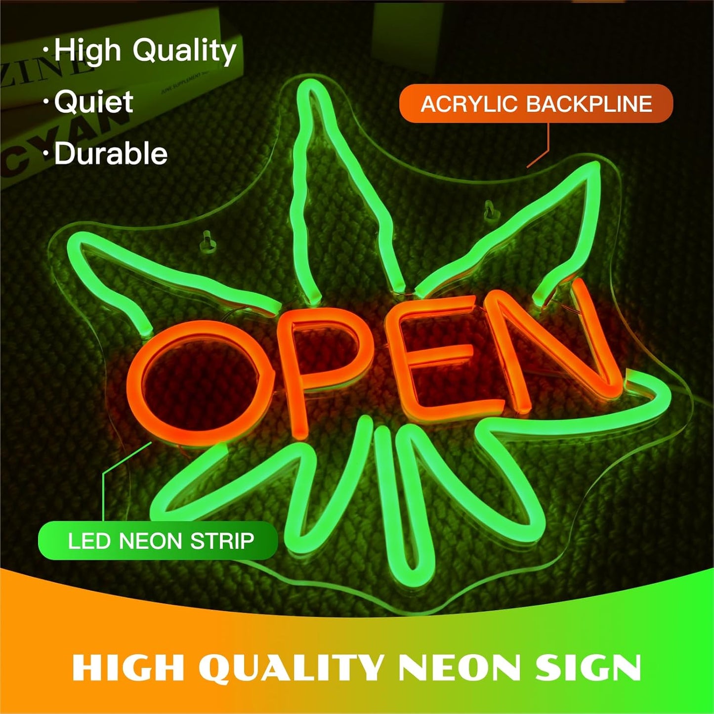 Ineonlife Green Leaves Open Neon Sign USB Dimmable Neon Signs for Wall Decor Psychedelic Led Light for Bar Club Cafe Shop Parties Window Decorations Adjustable Art Green Leaves Light