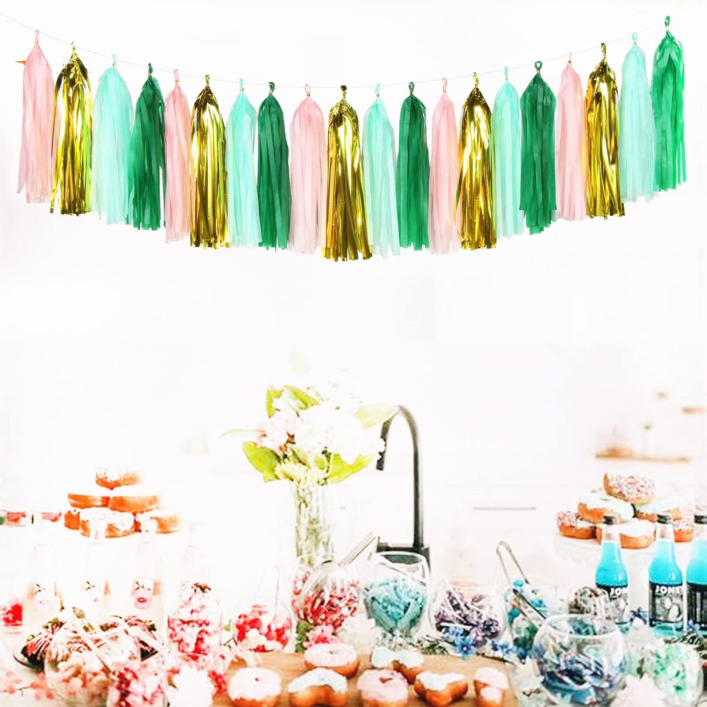Sage-Green Pink-Gold Party-Decorations Tassel Garland - 20pcs Bachelorette Engagement Baby Bridal Shower Tassels Streamers Rustic Wedding Jungle Birthday Party Spring Decor Panduola