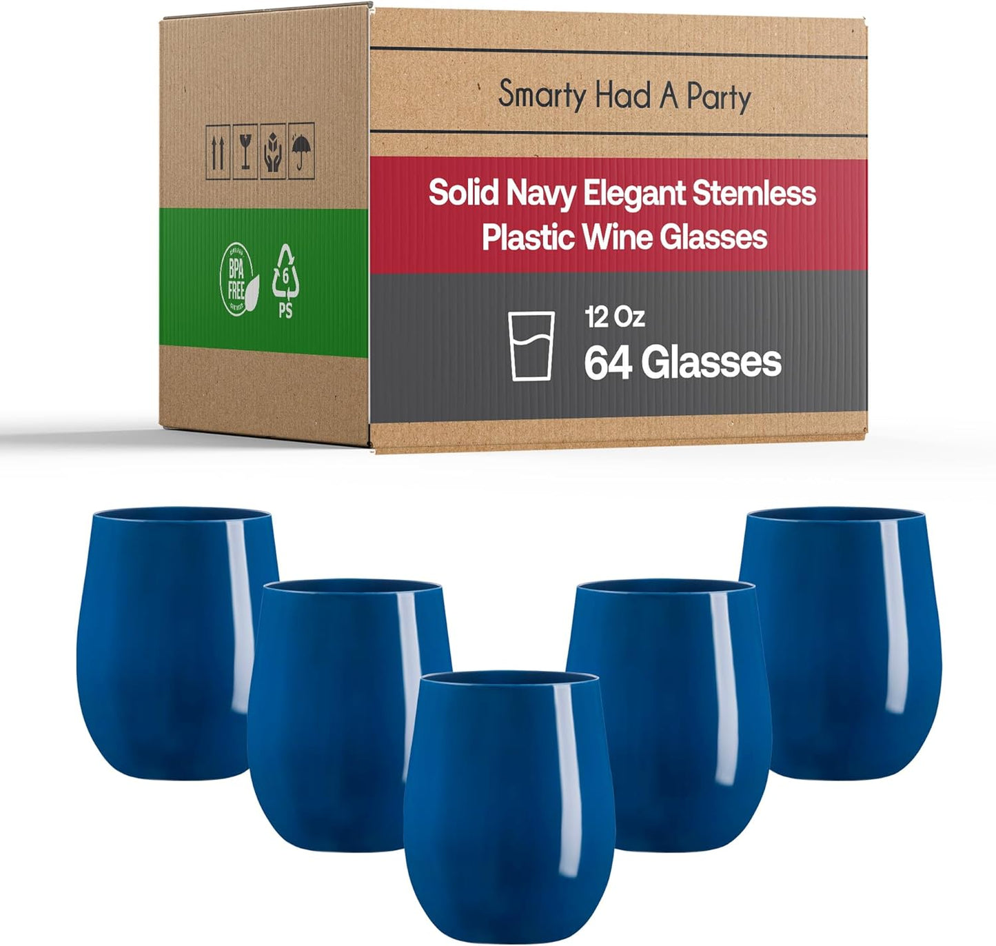 Smarty Had A Party 64 Glasses 12 oz. Solid Navy Elegant Stemless Plastic Wine Glasses, Disposable Drinkware, Plastic Wine Glasses for Parties