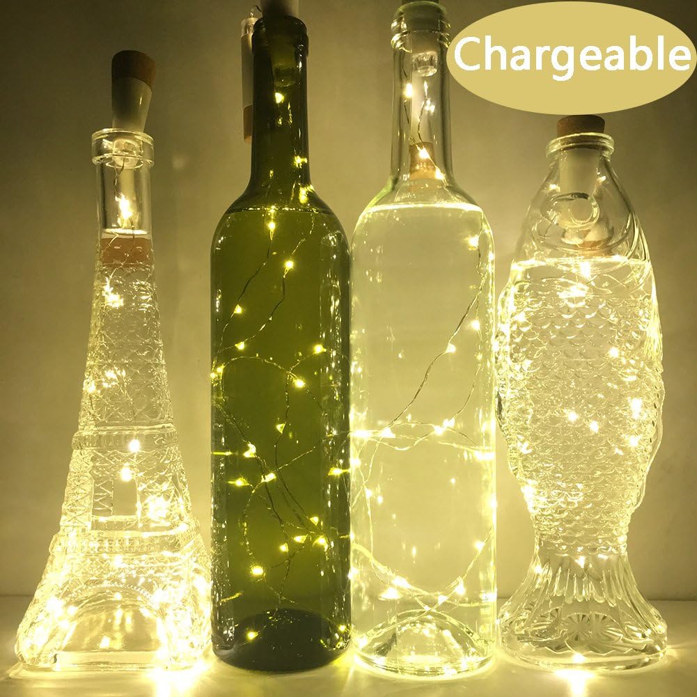 NeoJoy Wine Cork Lights, Rechargeable Bottle Fairy String Lights with 15 LED for DIY Artificial Parties Centerpiece Bedroom Decoration Gift (Warm White, 4PCS)