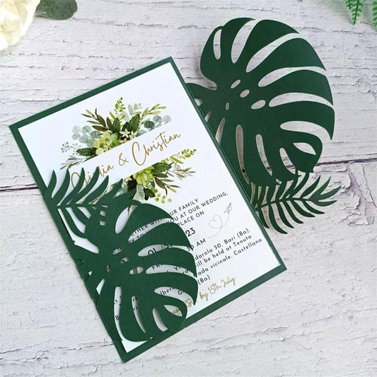 MillaSaw Emerage Green Laser Cut Invitation, Plame Wedding Laser Cut Jacket for 5x7 Card, Tropical Scene Wedding Invitation (emerage green)