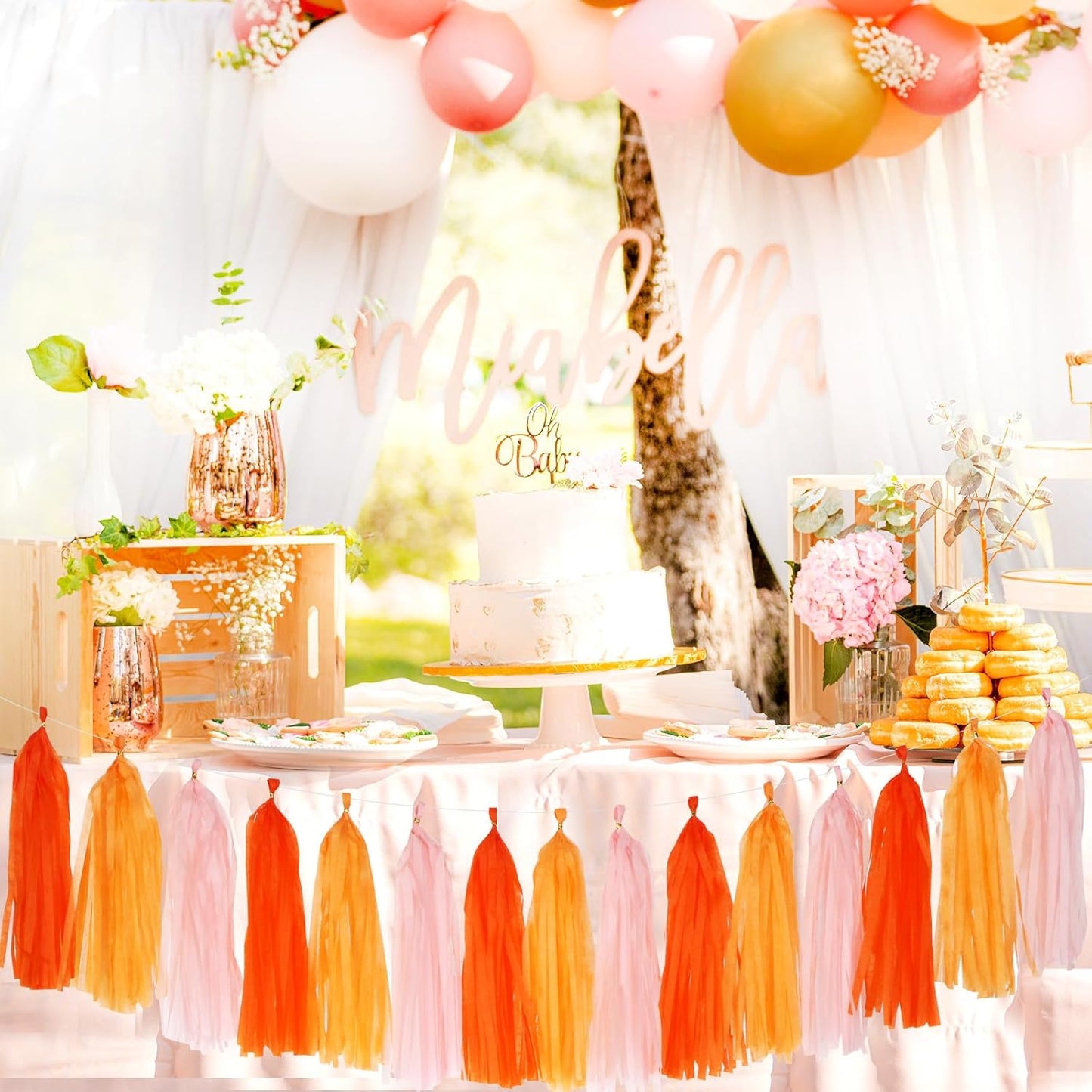 Pink-Orange Groovy Party-Decorations Tassel-Garland - 15pcs Fall Autumn Thanksgiving Harvest Tassels, Birthday Baby Bridal Shower Engagement Wedding Decor Panduola