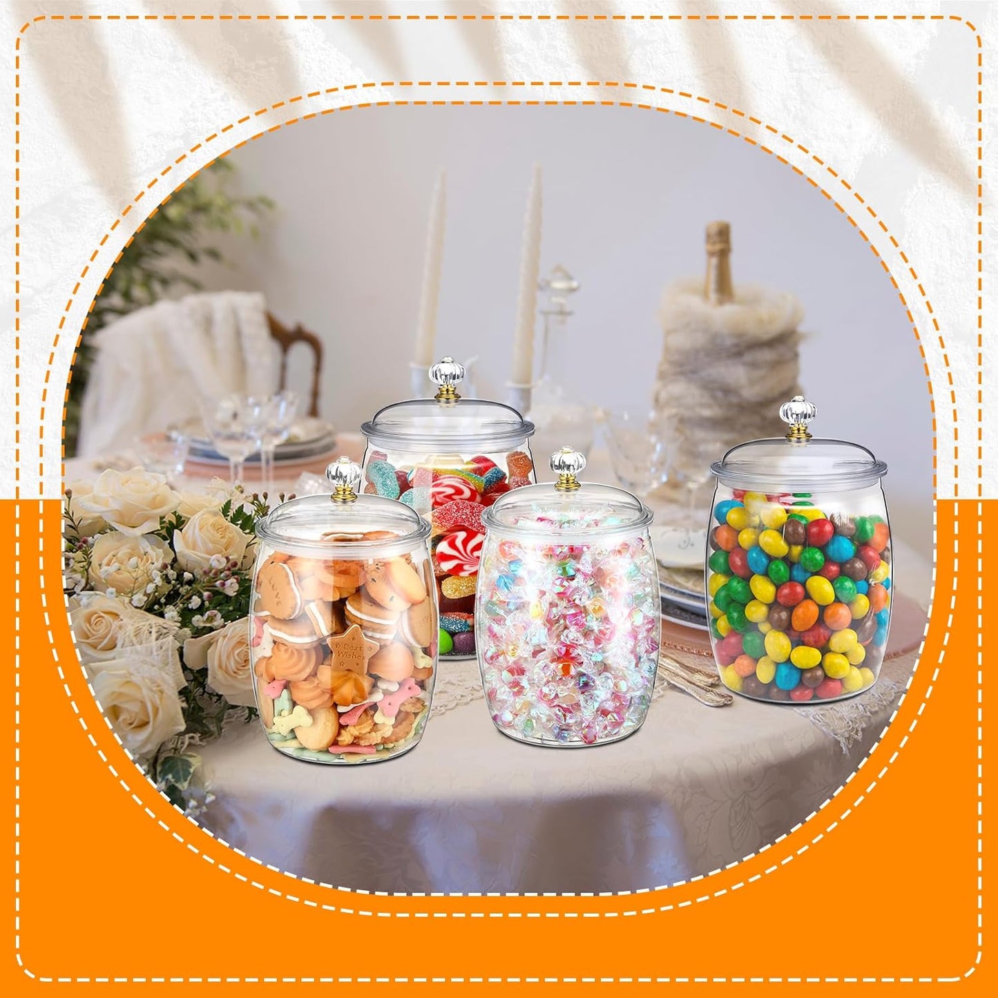 Nuogo 4 Pcs Plastic Candy and Cookie Jars with Lids Clear Cookie Container Candy Jars Large Airtight Apothecary Storage Organization for Wedding Home Kitchen Bar(42 oz)