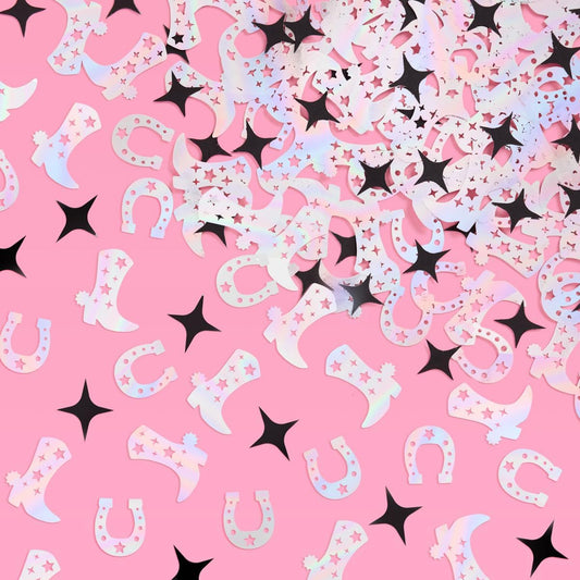 xo, Fetti Black + Iridescent Western Confetti - 200 pc | Rodeo Bachelorette Tablescape, Ranch Birthday Party Decoration, Cowgirl Table Decor, Cowboy Kids Party Supplies