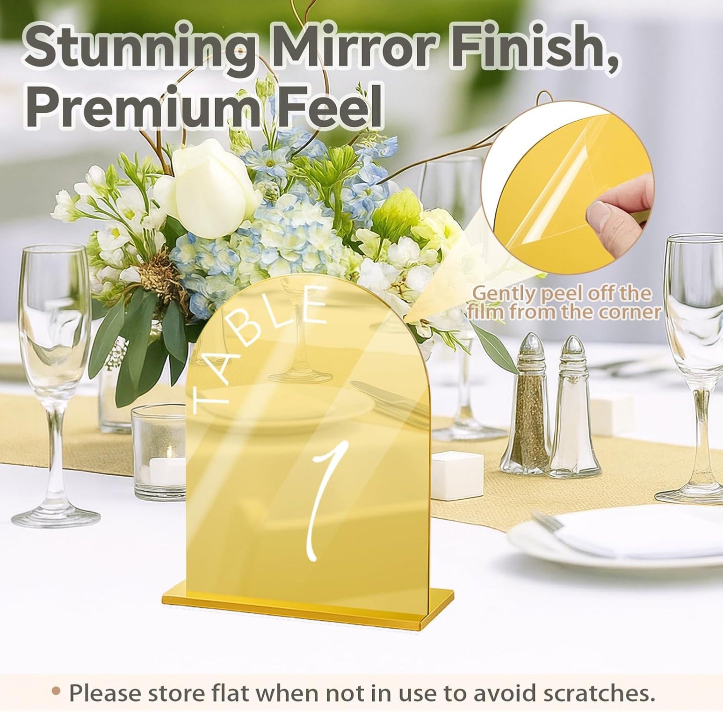 Gold Wedding Table Numbers 1-15 w/Stands: Gold Mirror Arch 5x7 Acrylic Display Signs and Holders - Perfect for Wedding Receptions, Party, Anniversaries, and Events