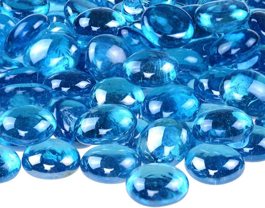 KINGOU Flat Glass Gems/Marbles/Stones/Beads for Vase Filler, Table Scatter, Games - 1 Lbs (17-19mm, Approx. 3/4")- Aqua Blue