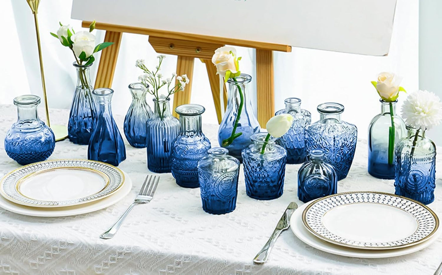 Blue Glass Bud Vase Set,20Pcs Small Glass Vase for Flowers, Blue Bud Set in Bulk,Mini Single Vintage Design for Centerpiece Rustic Wedding Decorations Home Table Flower Décor