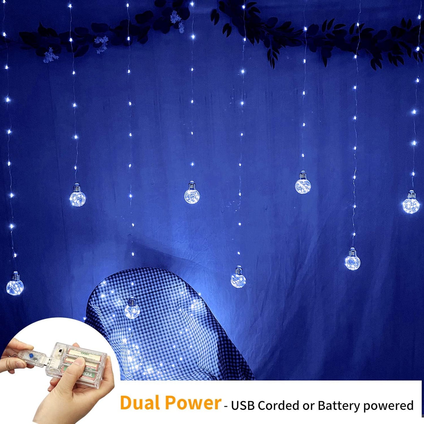 YOLIGHT Wishing Ball Curtain Lights 200 LED Window Curtain String Lights with Remote, USB Battery Powered Twinkle Globe Fairy Lights for Wedding Party Bedroom Christmas Halloween Decoration (Blue)