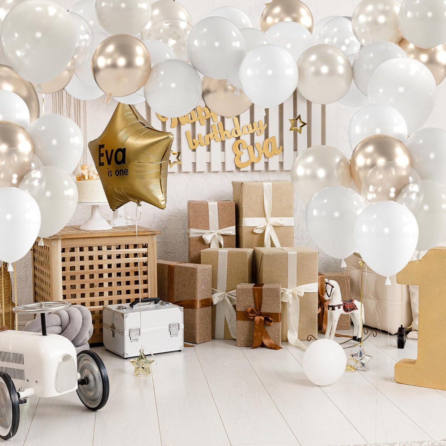 100pcs White and Gold Balloons - 12inch Sand White Metallic Champagne Gold Nude Pearl White & Clear Balloon for Baby showers, Wedding, Bachelorette, Graduation (with 66ft Ribbons)