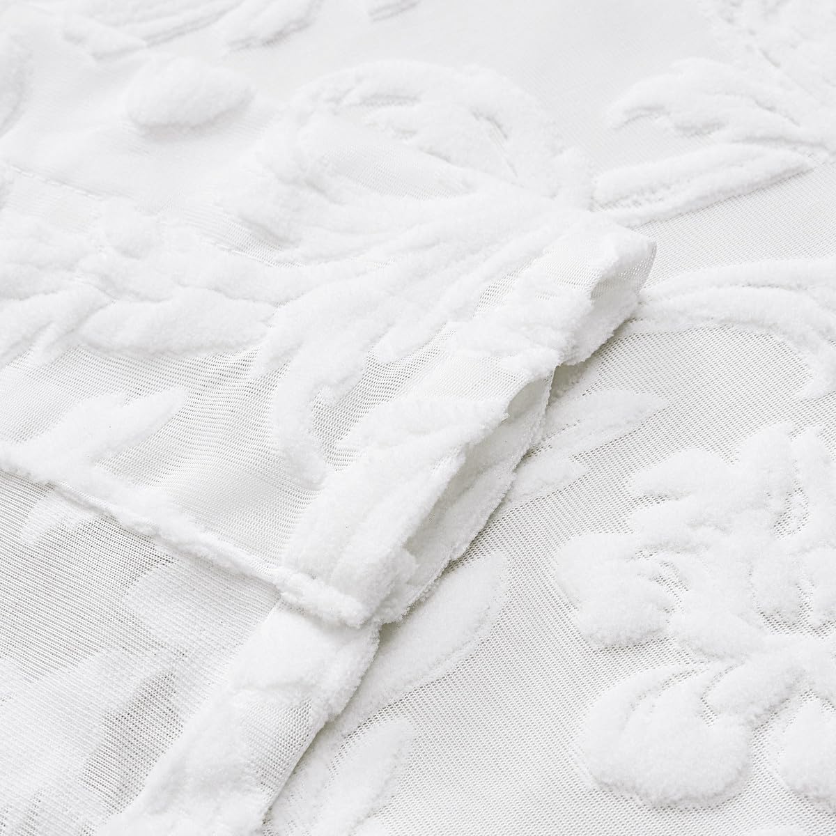 Sheer White Curtains for Bedroom Living Room Boho 63 Inches Rod Pocket Farmhouse Drapes with Floral Patterned Vintage 3D Flocked Texture & Rococo Motifs Window Curtains Set of 2 Panels, 52"W*63"L