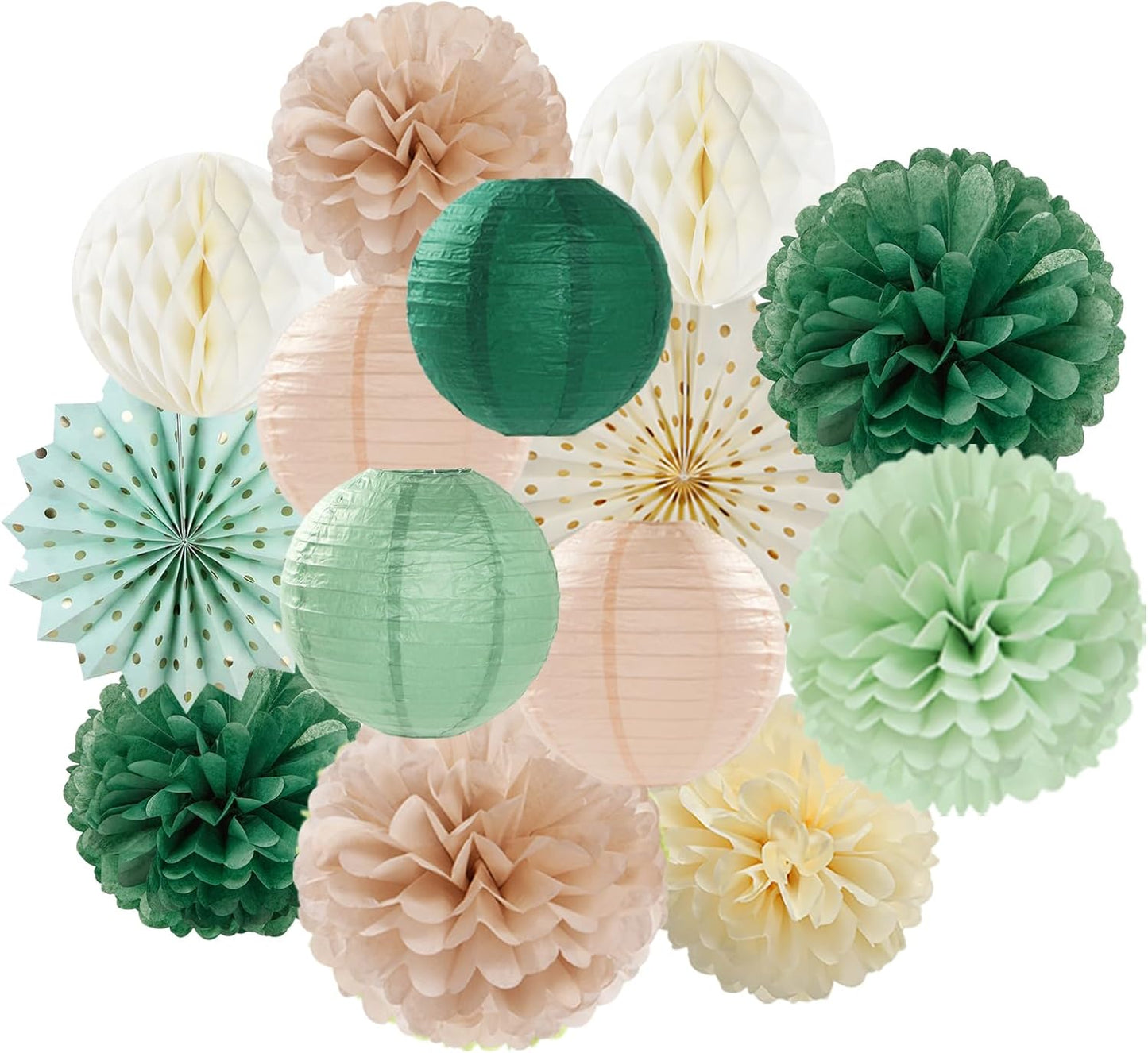 Olive-Sage Green Champagne-Gold Party-Decorations Lanterns - 14pcs Rustic Wedding Paper Fan Streamers,Tissue Pom Poms Honeycomb,Boho Bachelorette Neutral Baby Shower Birthday Bridal Decor Ouruola