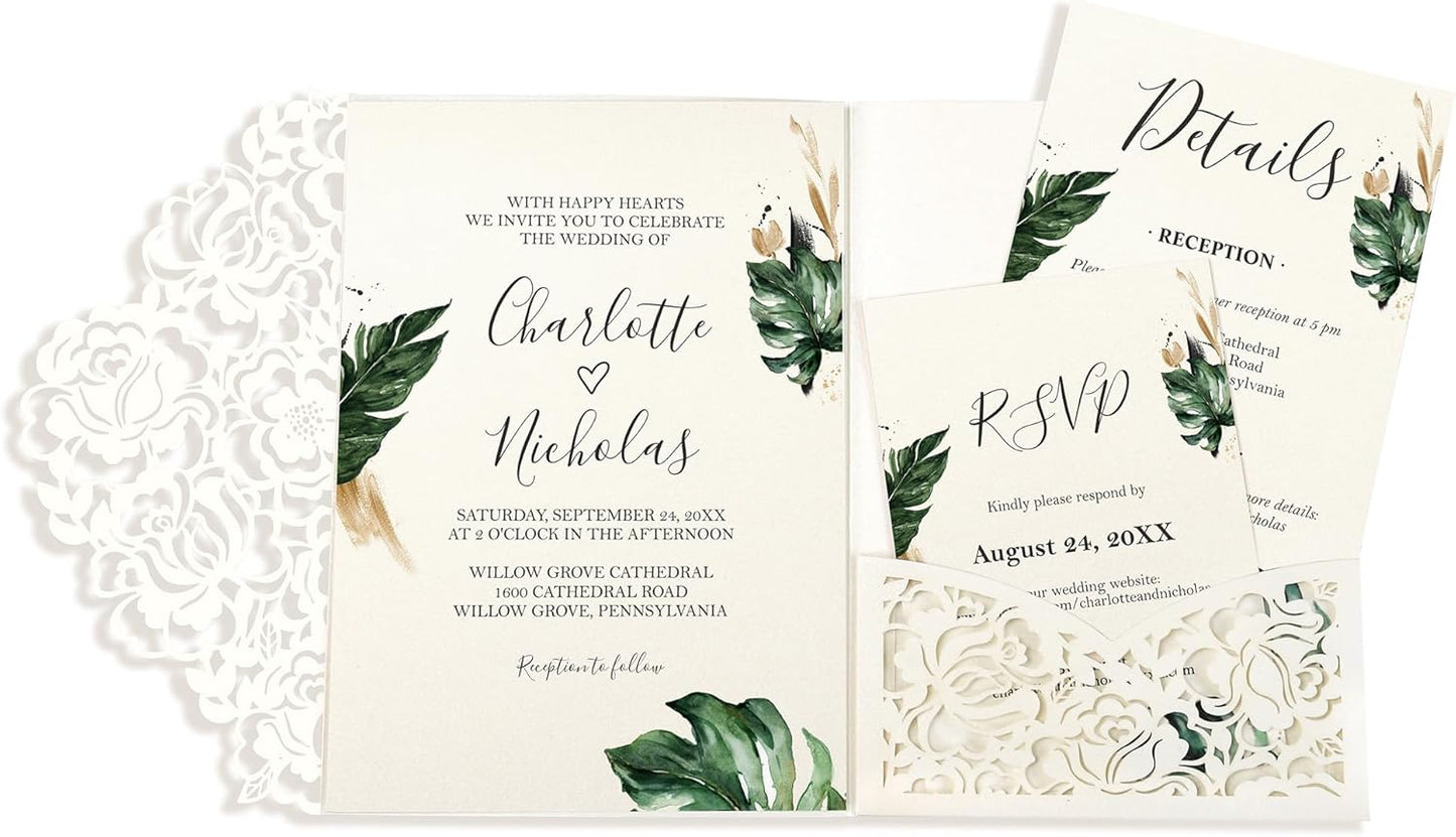 DORIS HOME 50pcs Laser Cut Wedding Invitation Pockets with Envelopes Ivory White, 5.12" x 7.12"Invitation Cards for Wedding, Anniversary (No Inserts Included)