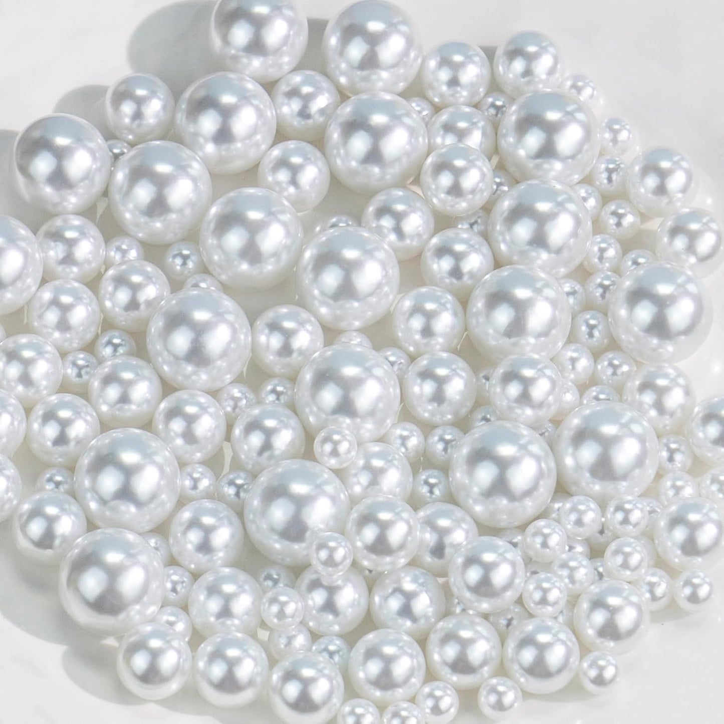 300Pcs White Polished No Hole Faux Pearl Beads for Vase Filling Decorations, Plastic Pearls Vase Fillers, Table Scatters, Wedding Centerpiece, Home Decor, 8/14/20 mm
