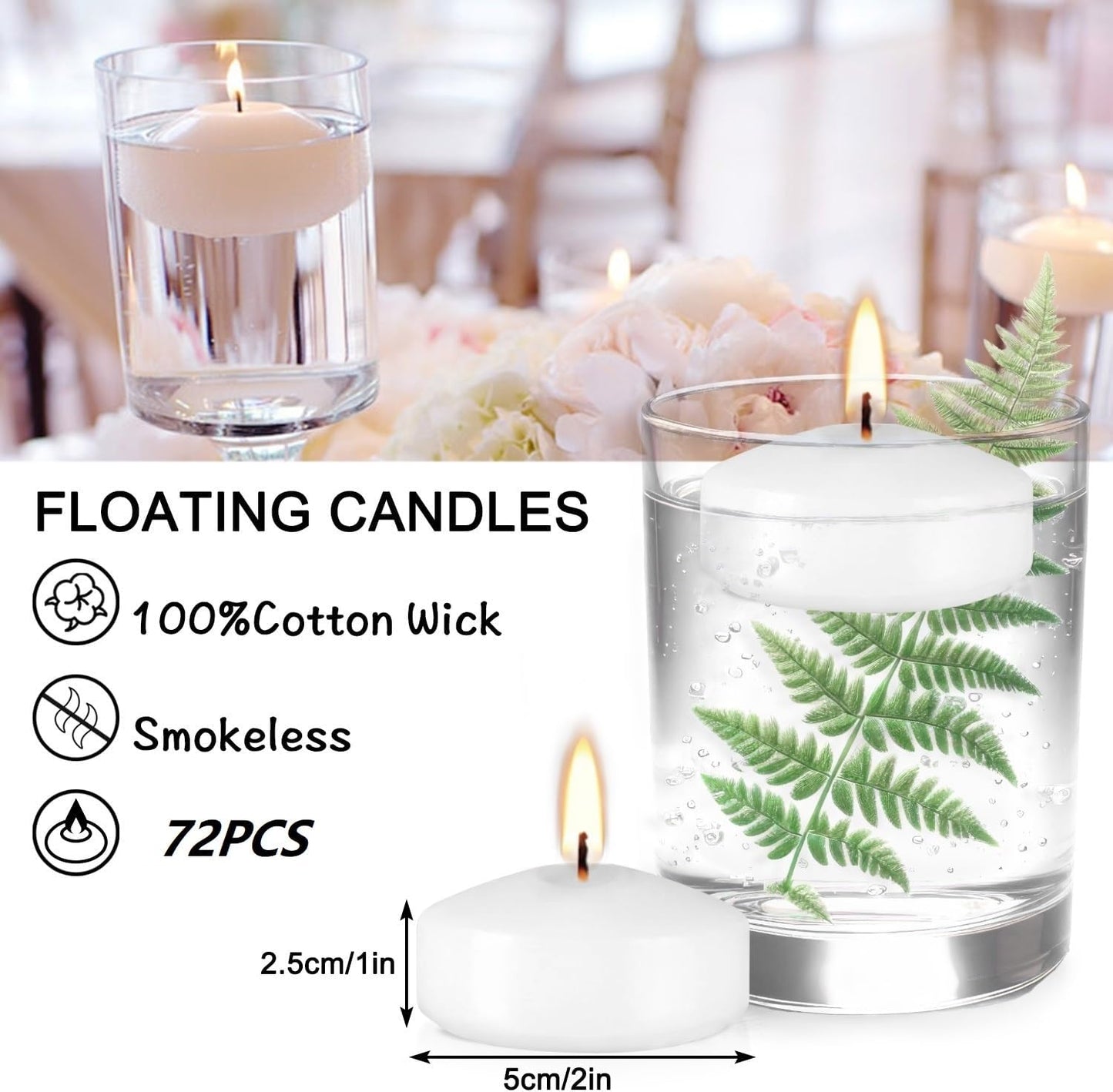72 Floating Candles, Smoke-Free and odorless, Burning continuously for 5-6 Hours, White, 2-inch Floating Candles, Suitable for Valentine's Day, Weddings, Holidays, Home Decoration……