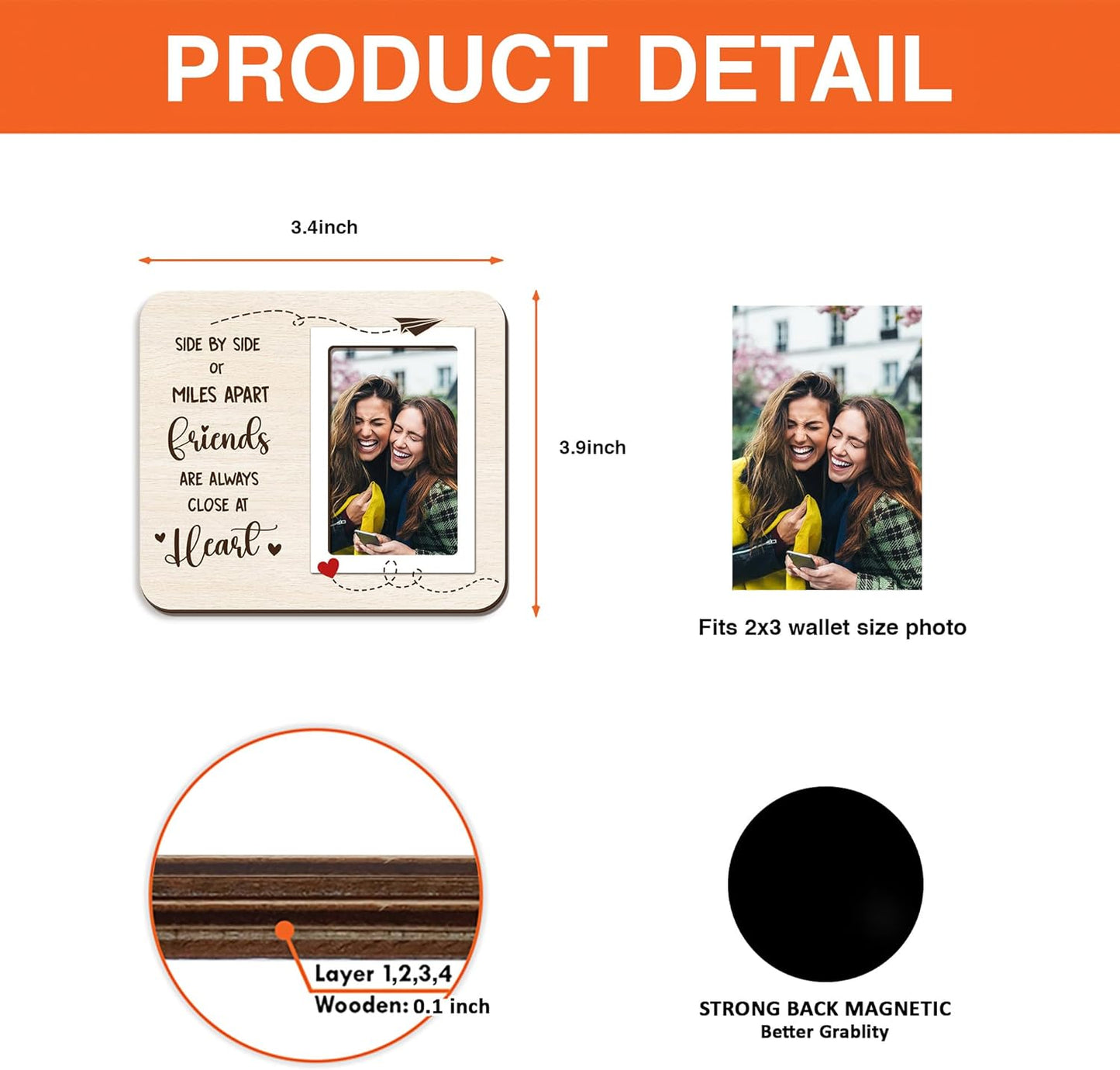 Magnetic Picture Frames - ALWAYS CLOSE AT HEART - Christmas Gift Birthday Gift for Friends, Besties - Unique Magnet Photo Frame For Women - Magnetic Frames for Refrigerator, Locker & More