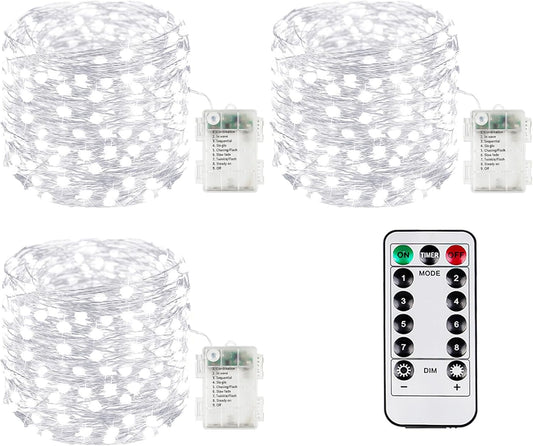3Pack 99Ft 300LED Fairy Lights Battery Operated with Remote, Waterproof String Lights with Timer for Indoor & Outdoor, Twinkle Lights Battery Powered for Bedroom Wedding Christmas Decor (Cool White)