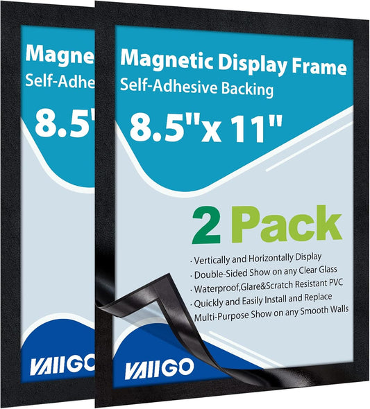 8.5" x 11" Magnetic Self-Adhesive Display Frame, Double Sided Window Magnetic Sign Holder with Clear PVC and Strong Magnetic for Office/Home/Store/Door/Glass/Wall Display Frame (Black, 2Pack)