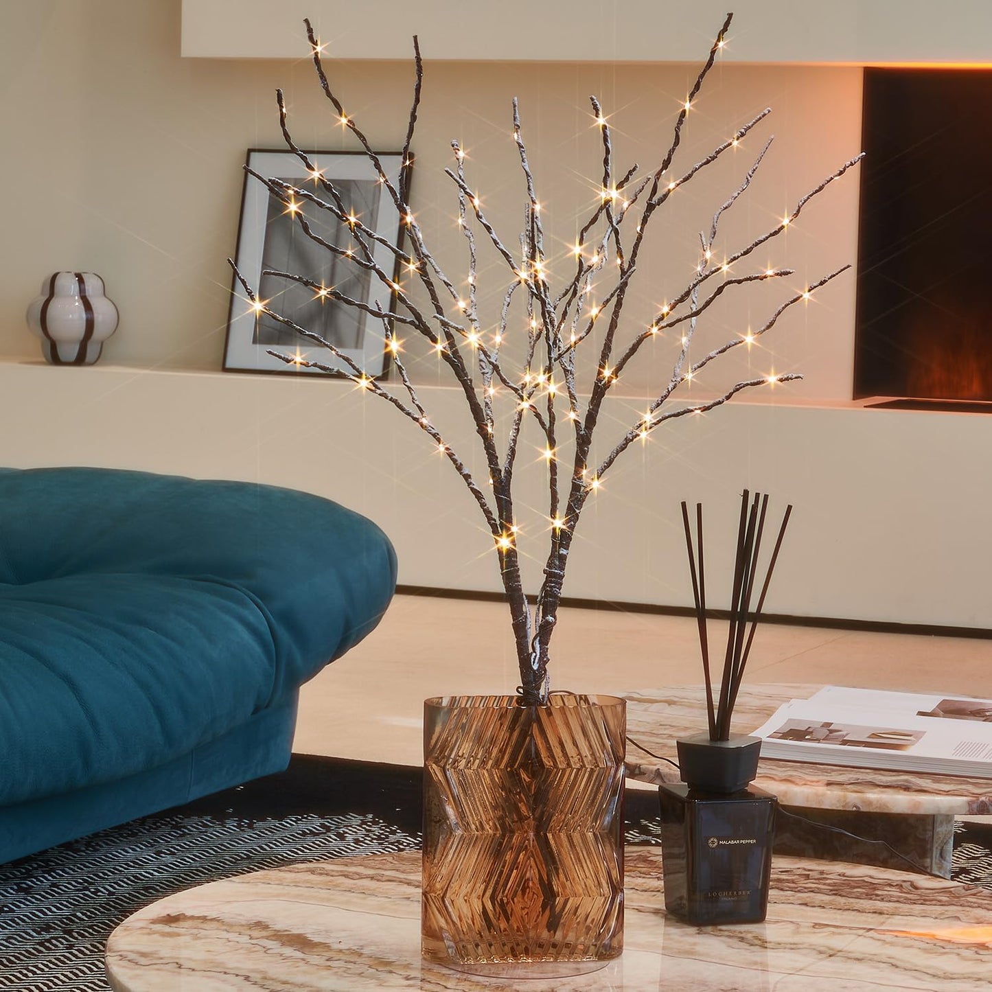 Fudios Lighted Branches Snow Dusted with Timer 100 LED 32IN, Artificial Tree Branch with Lights for Home Bedroom Fireplace Mantle Christmas Holiday Decoration