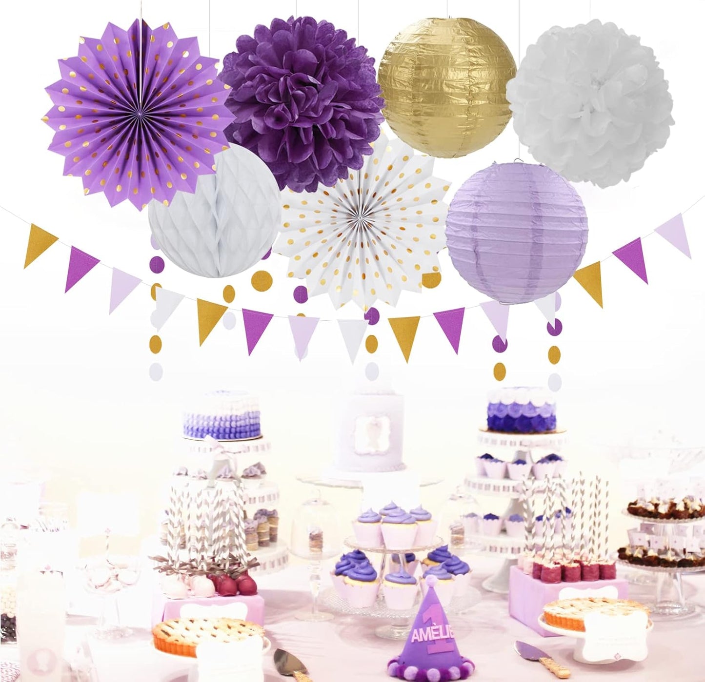 Purple-Gold Party Decorations Streamers Lanterns - 14pcs White Lavender Paper Fan Graduation Woman Birthday Wedding Bridal Shower Tissue Pom Poms,Honeycomb Balls Decor Ouruola