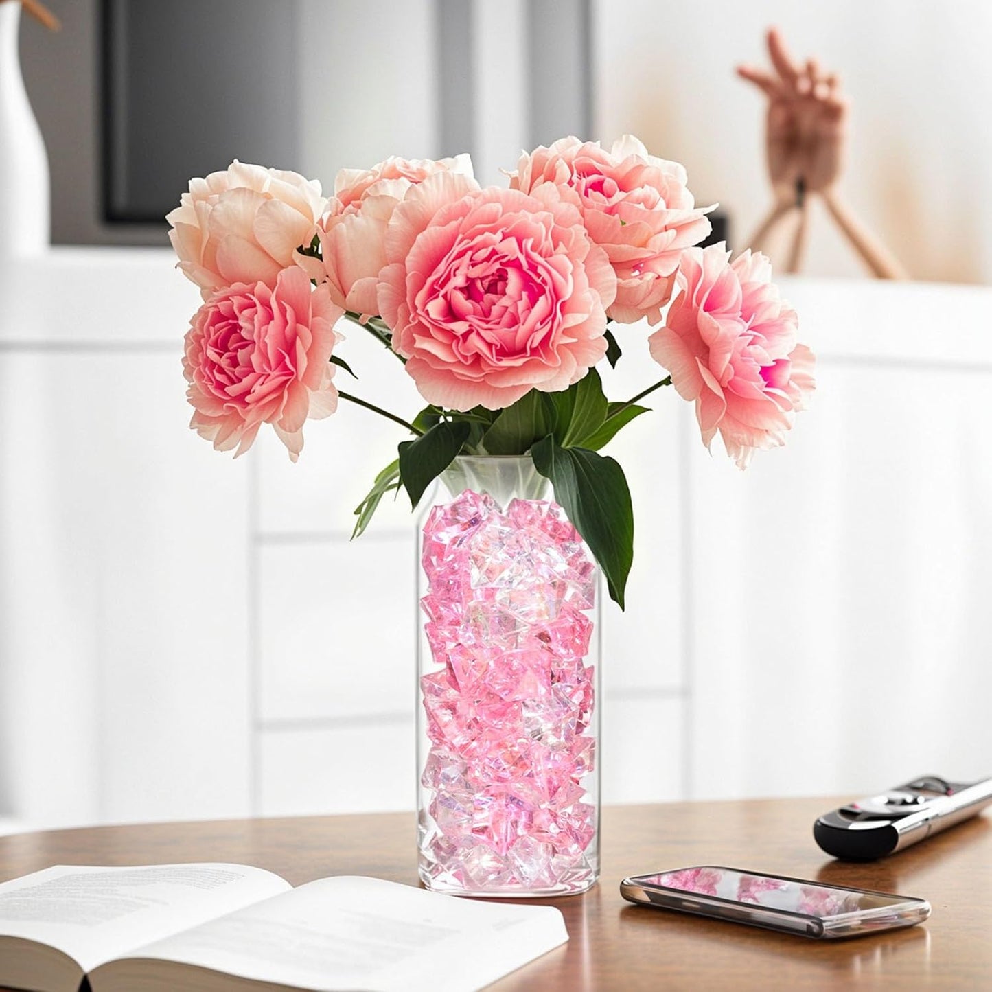 DomeStar 150PCS Dazzling Fake Ice Rocks, Pink Holographic Acrylic Crushed Ice Sparkling Plastic Diamonds Gems for Vases Fillers Aquarium Rocks Party Table Scatter Wedding Decor