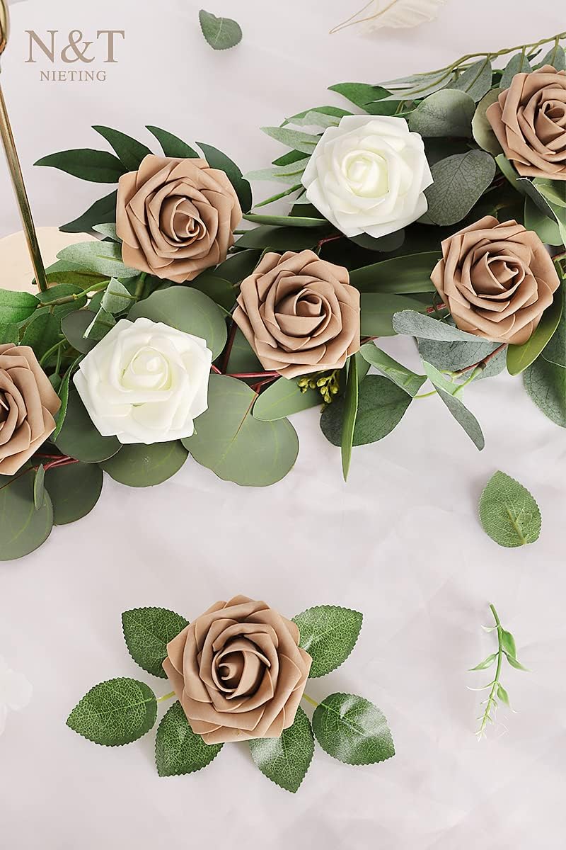 N&T NIETING Artificial Flowers Light Brown Roses, 50 Pcs Faux Flowers Fake Flowers Perfect for DIY Wedding Bouquets Centerpieces Birthday Party Home Flower Arrangement Decorations Fall Flowers