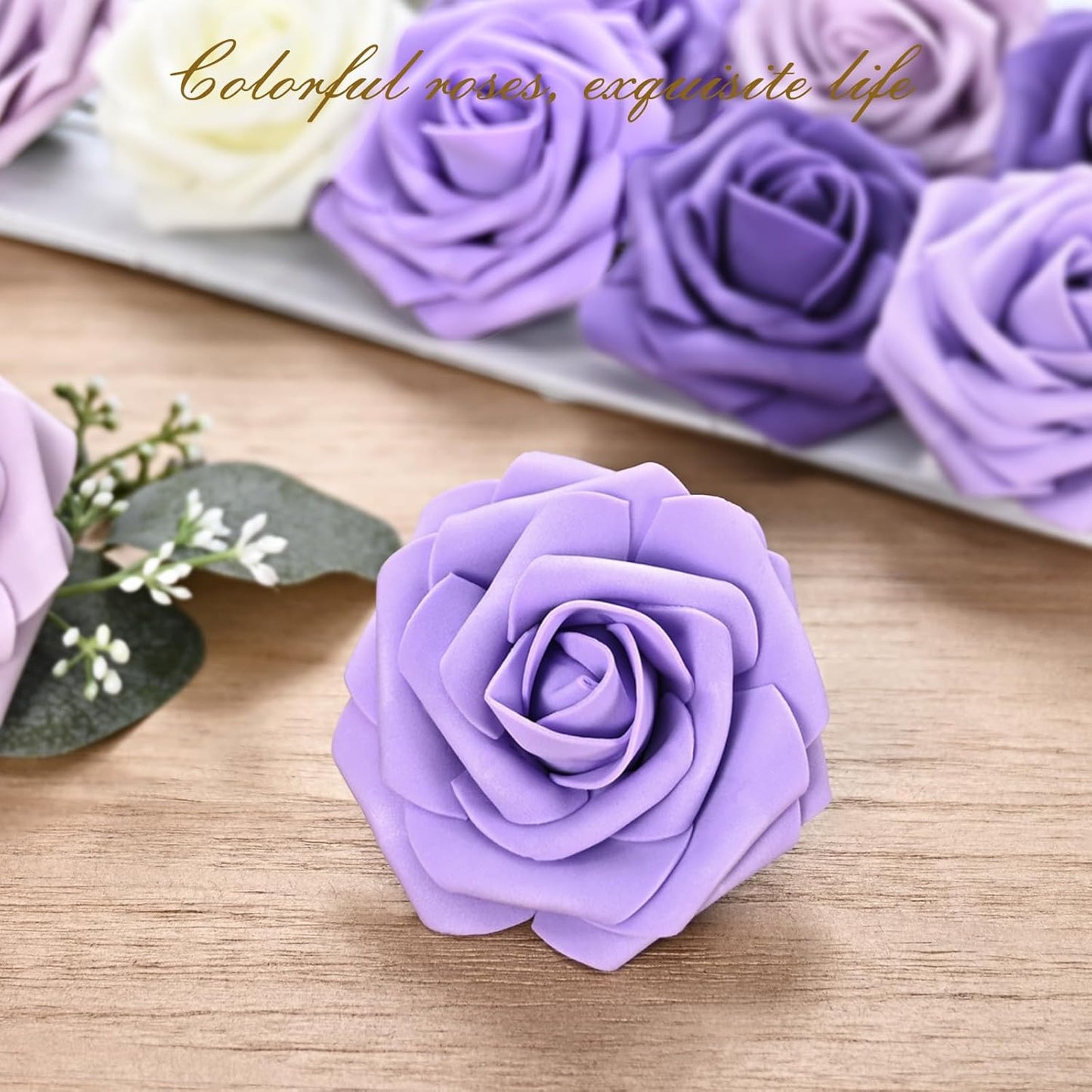 BLEUM CADE 36Pcs Artificial Flowers Fake Roses with Stems, Gradient Purple Boxed Foam Roses for DIY Bouquets Centerpieces Wedding Party Arrangement Bridal Shower Decor