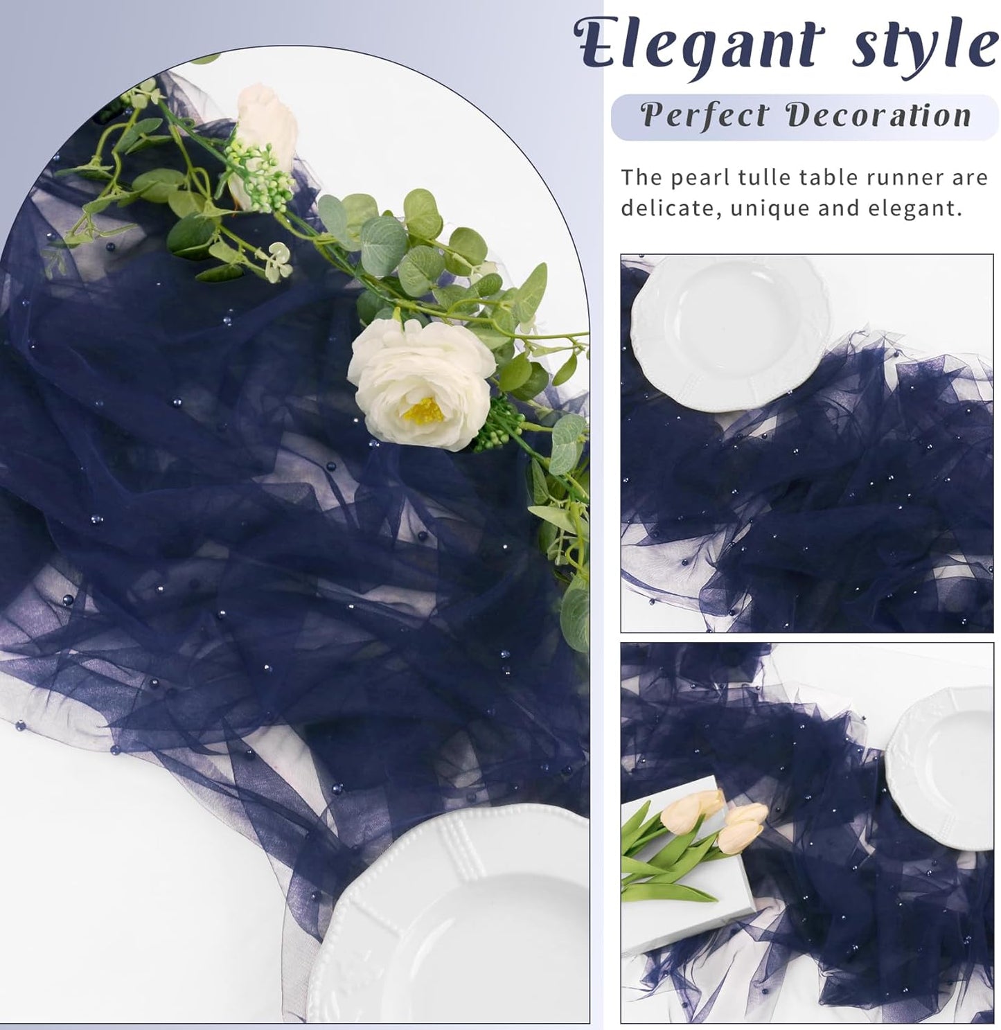 Pearl Table Runner 29 x 120 Inch Tulle Fabric Lace Table Runners Boho Rustic Tablecloth for Bridal Shower Birthday Party Wedding Arch Aisle Veil Dessert Table Decor(1 Pack, Navy Blue)
