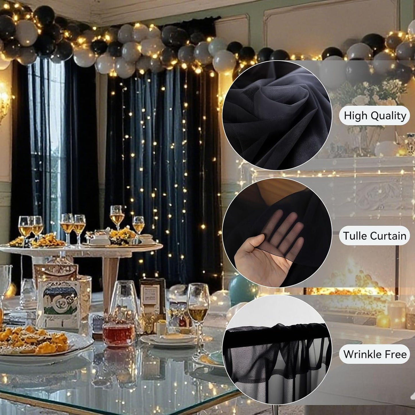 10×10ft Tulle Backdrop Curtains with Lights String - 300LED Fairy Lights Sheer Curtain Backdrop for Weddings Baby Shower and Birthday Party Decorations(4 Panels 5×10ft)