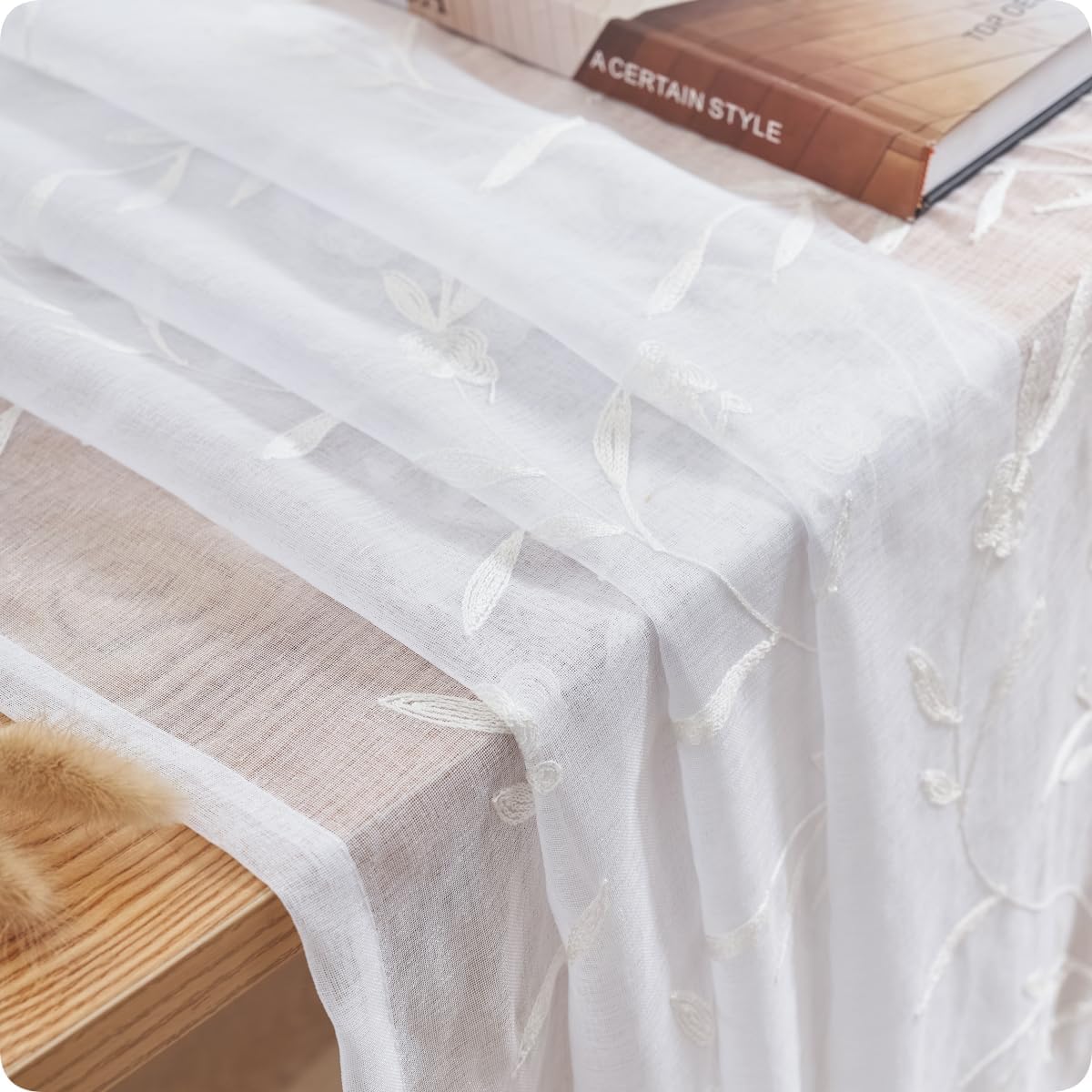 Sheer Curtains White 45 Inches Long Floral Embroidery Rod Pocket Voile Drapes for Living room, Bedroom, Window Treatments Semi Lace Outdoor Curtain Panels for Yard, Kitchen, Villa, Set of 2, 52"x 45".