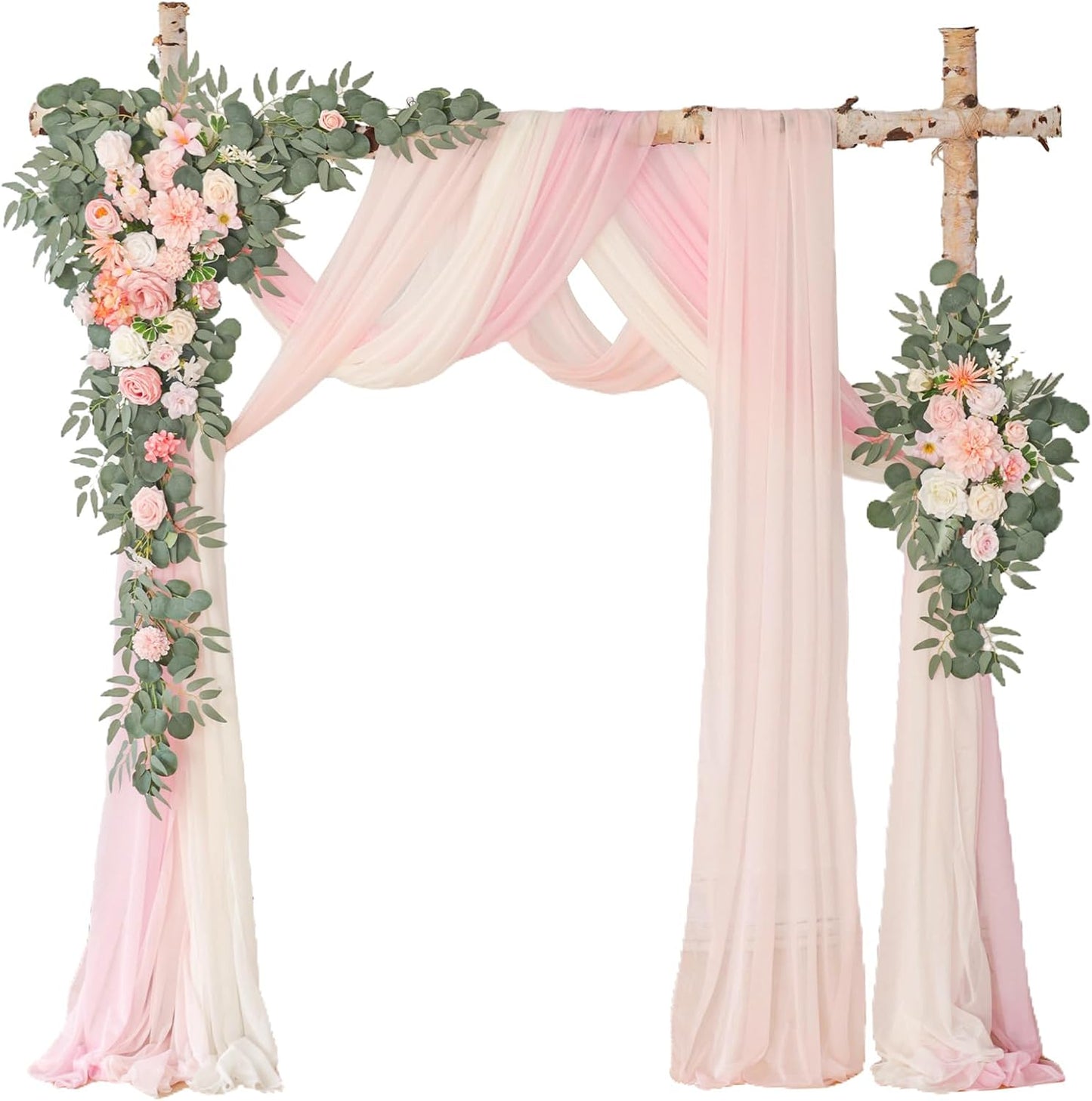 Deluxe Pink Artificial Wedding Arch Flowers with Drapes Kit-Pack of 5, 2pcs Flower Arrangements 3pcs Hanging Sheer Drapes Blue Ceremony Arbor Reception Backdrop Rose Floral Decorations.
