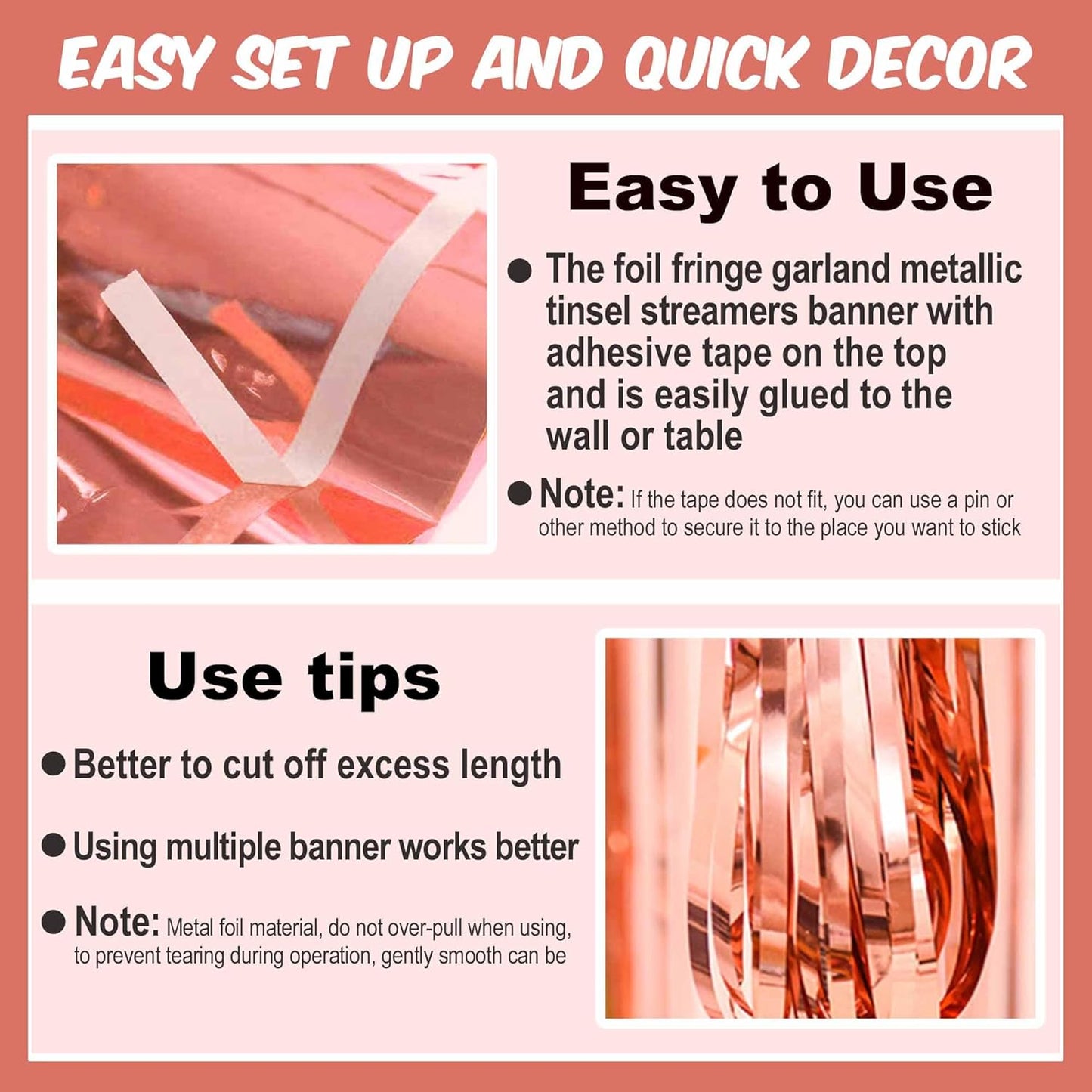 6 Pack 10 Ft Rose Gold Foil Fringe Garland Metallic Streamers Tinsel Banner Wall Hanging Garland Backdrop for Parade Floats, Halloween, Christmas, Thanksgiving, New Year Party Decorations