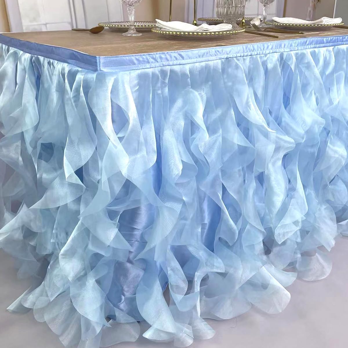 Luxury Organza Mesh Table Skirt Draping Floating Romance - Perfect for Bridal Showers, Birthday Weddings - Clear Flowing Decoration for a Wonderful Main Cake Table (Sky Blue-6ft, 72" L×30" H)