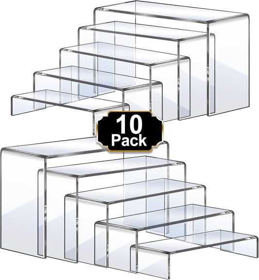 Aheroi Large Acrylic Risers, 10 Pcs 2 Set(7”L~8”L~9”L) Riser Display Shelf, Clear Rectangular Display Stands Set, Transparent Shelves for Decor, Showcase Holder for Cupcake