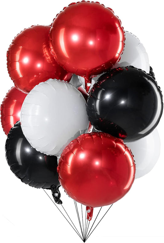 18" Red Black White Balloons Round Foil Mylar Helium Balloons for Party Decorations, Pack of 30