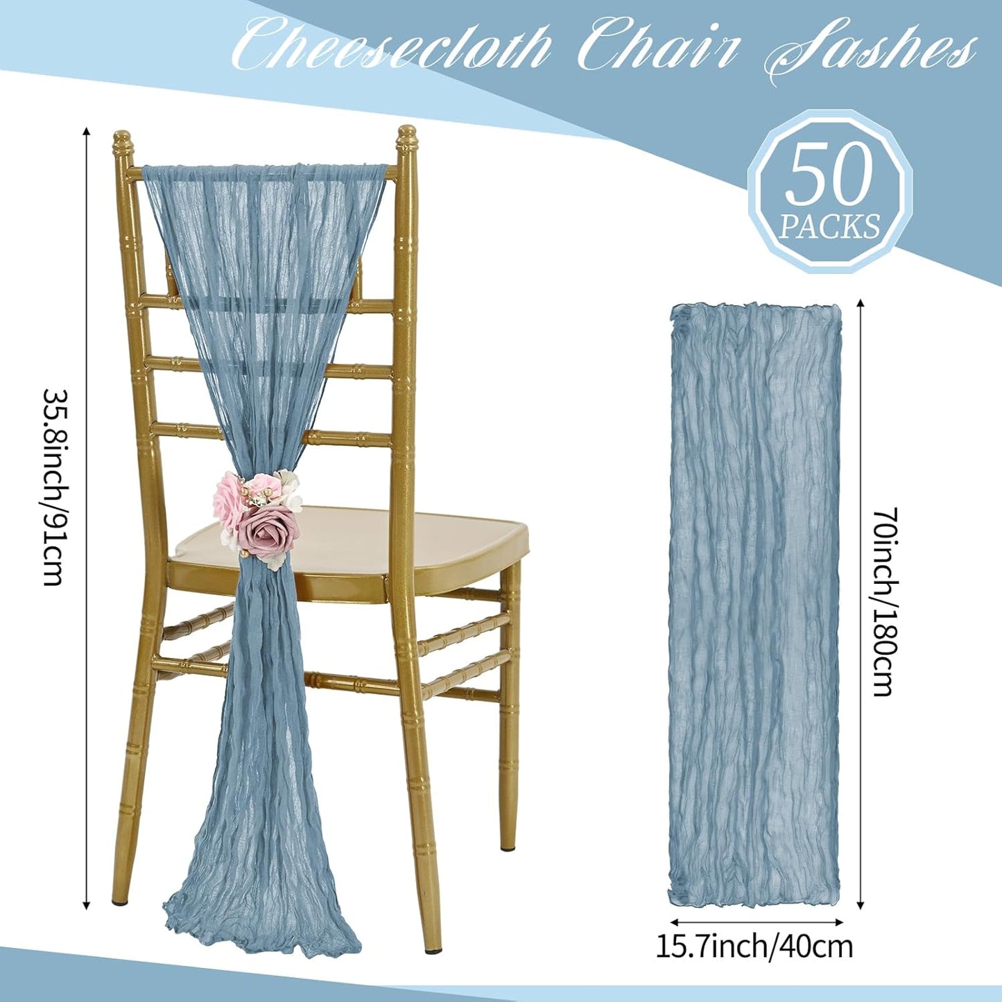 50 PCS Cheesecloth Chair Sashes, Bows Designed ChairSashes, 15.7x70 inch Chair Sashes for Aisle Decorations Universal Chairs Cover Decoration for Wedding Reception Party Banquet (Dusty Blue)
