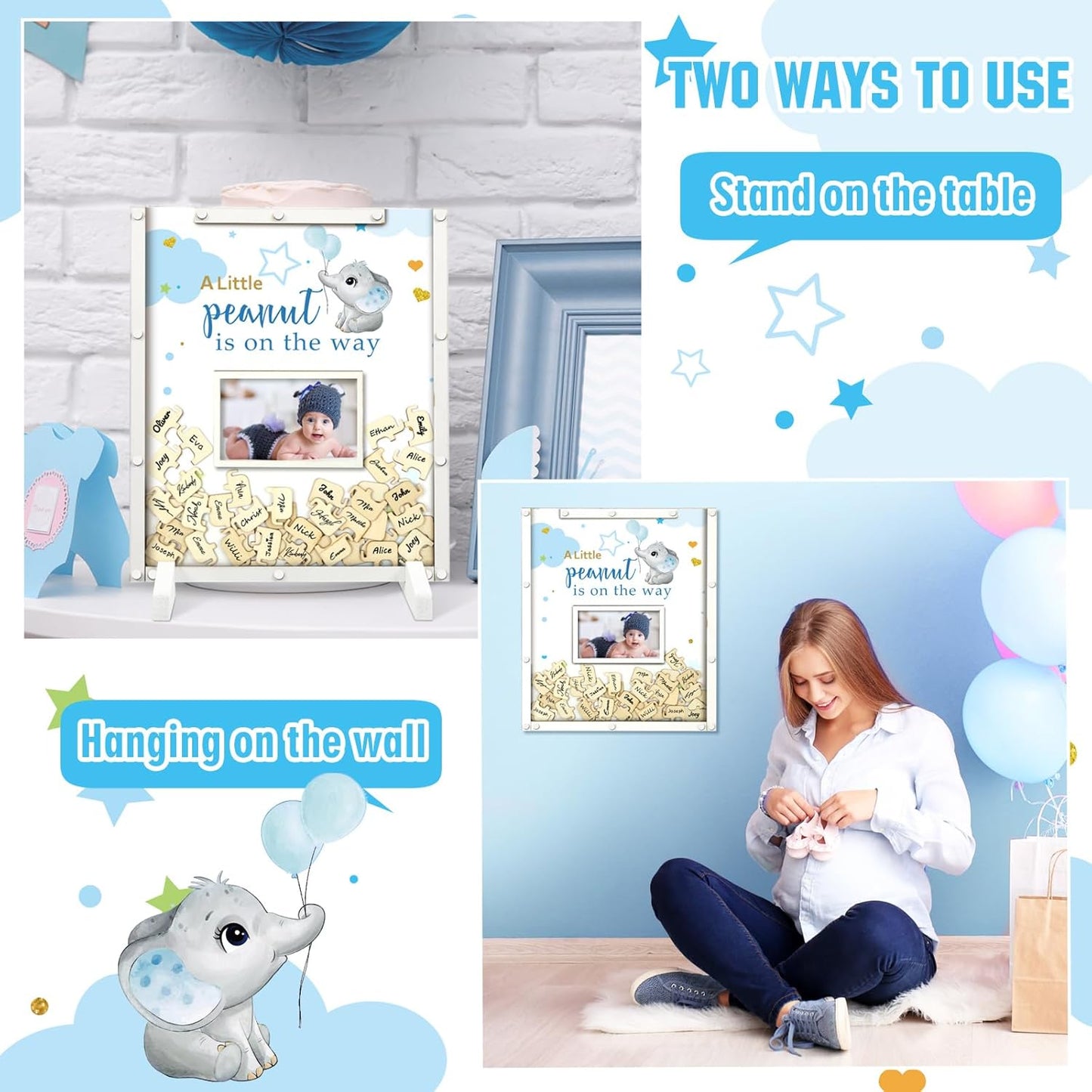65 Pcs Elephant Theme Baby Shower Guest Book Alternatives Blue He or She Gender Reveal Baby Shower Decorations Sign in Guest Book with Picture Frame and 60 Wooden Chip